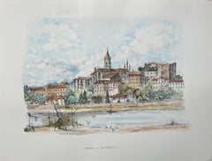 French Watercolor Painting of “Vue vers Fontarrabie” with Riverside Townscape