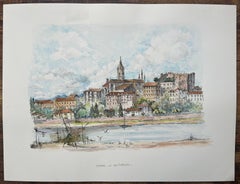 French Watercolor Painting of “Vue vers Fontarrabie” with Riverside Townscape