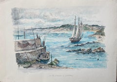 Französische Aquarellmalerei von La Côte d'Argent à Guéthary mit Segelschiff