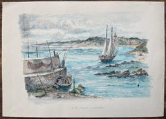 French Watercolor Painting of “La Côte d’Argent à Guéthary” with Sailing Ship