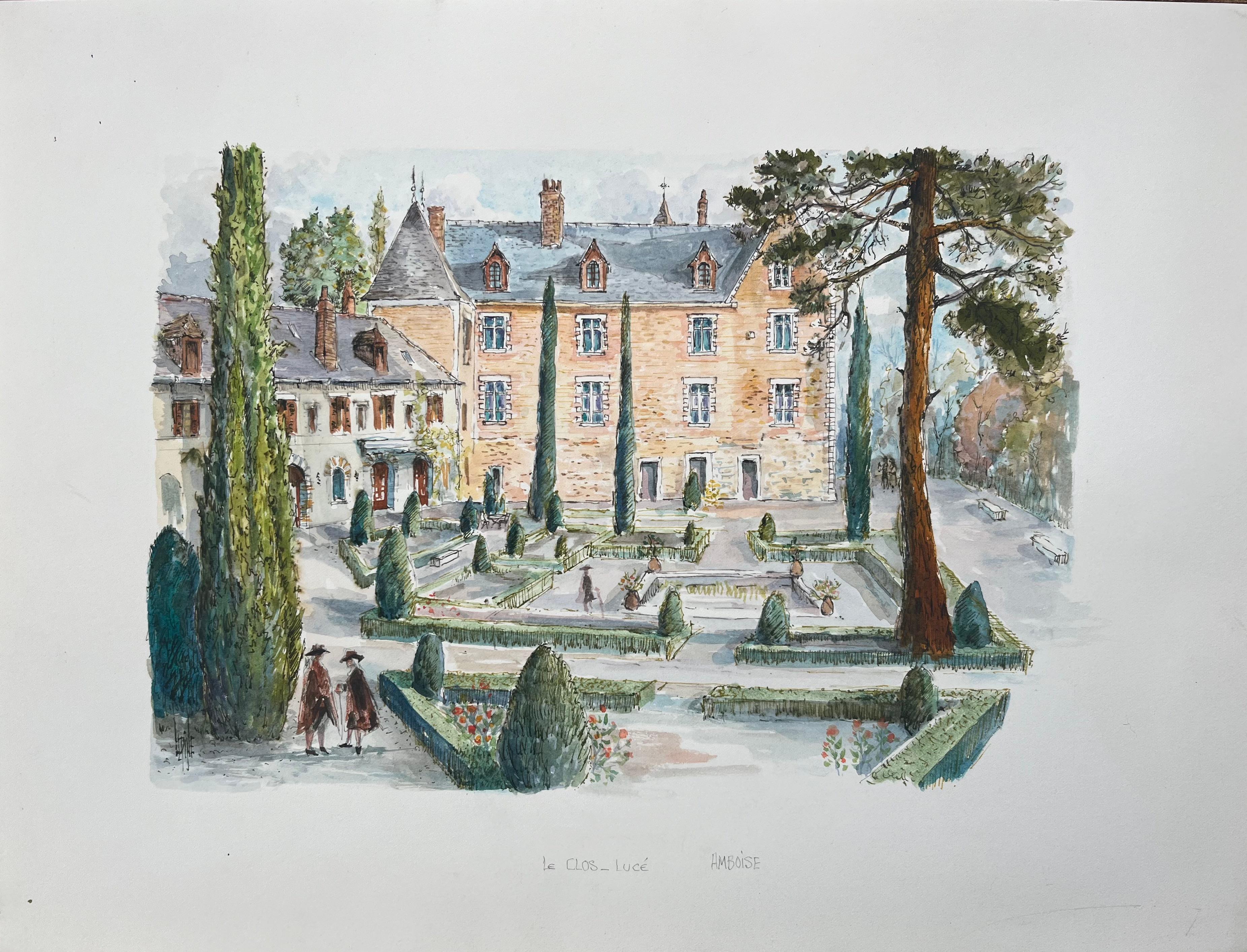 Robert Lepine (1929 - 2017) Landscape Painting - French Watercolor Painting of Le Clos Lucé Gardens in Amboise