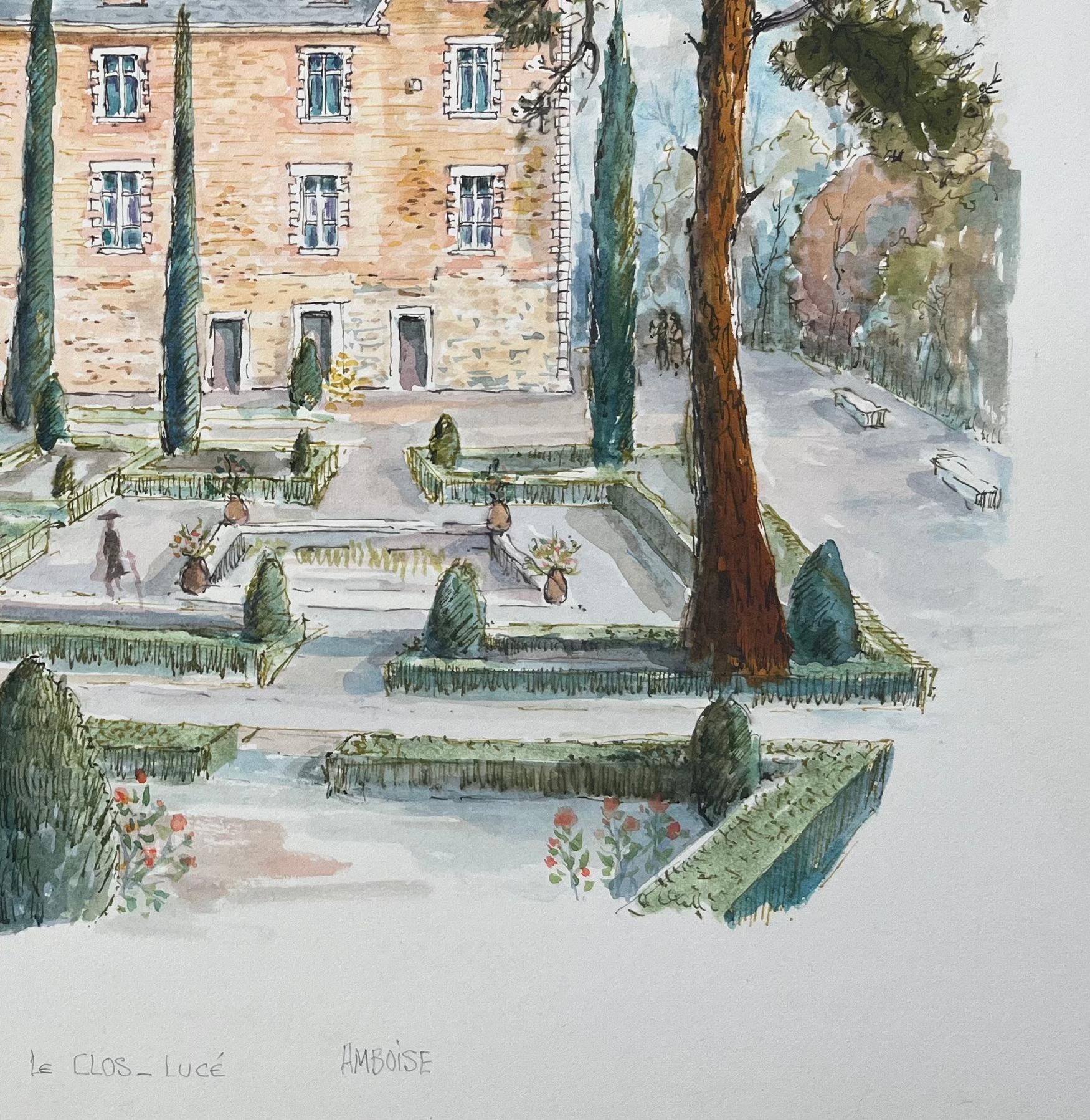 French Watercolor Painting of Le Clos Lucé Gardens in Amboise For Sale 1
