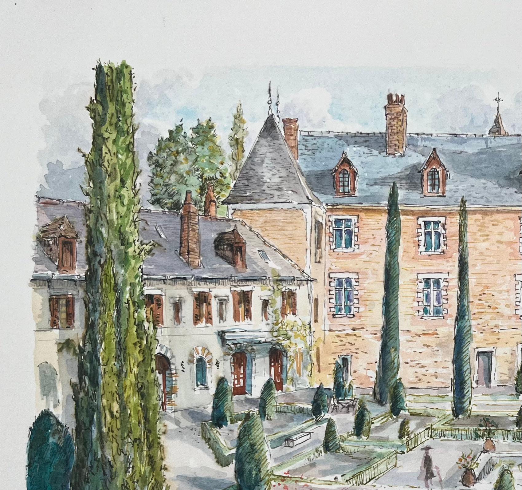 French Watercolor Painting of Le Clos Lucé Gardens in Amboise For Sale 2