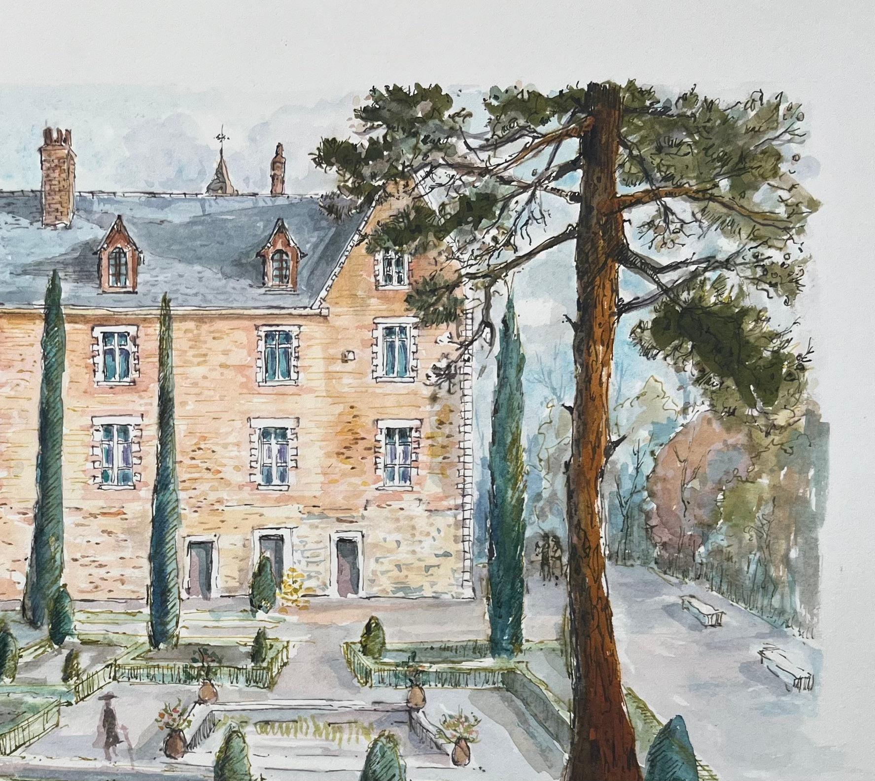 French Watercolor Painting of Le Clos Lucé Gardens in Amboise For Sale 3