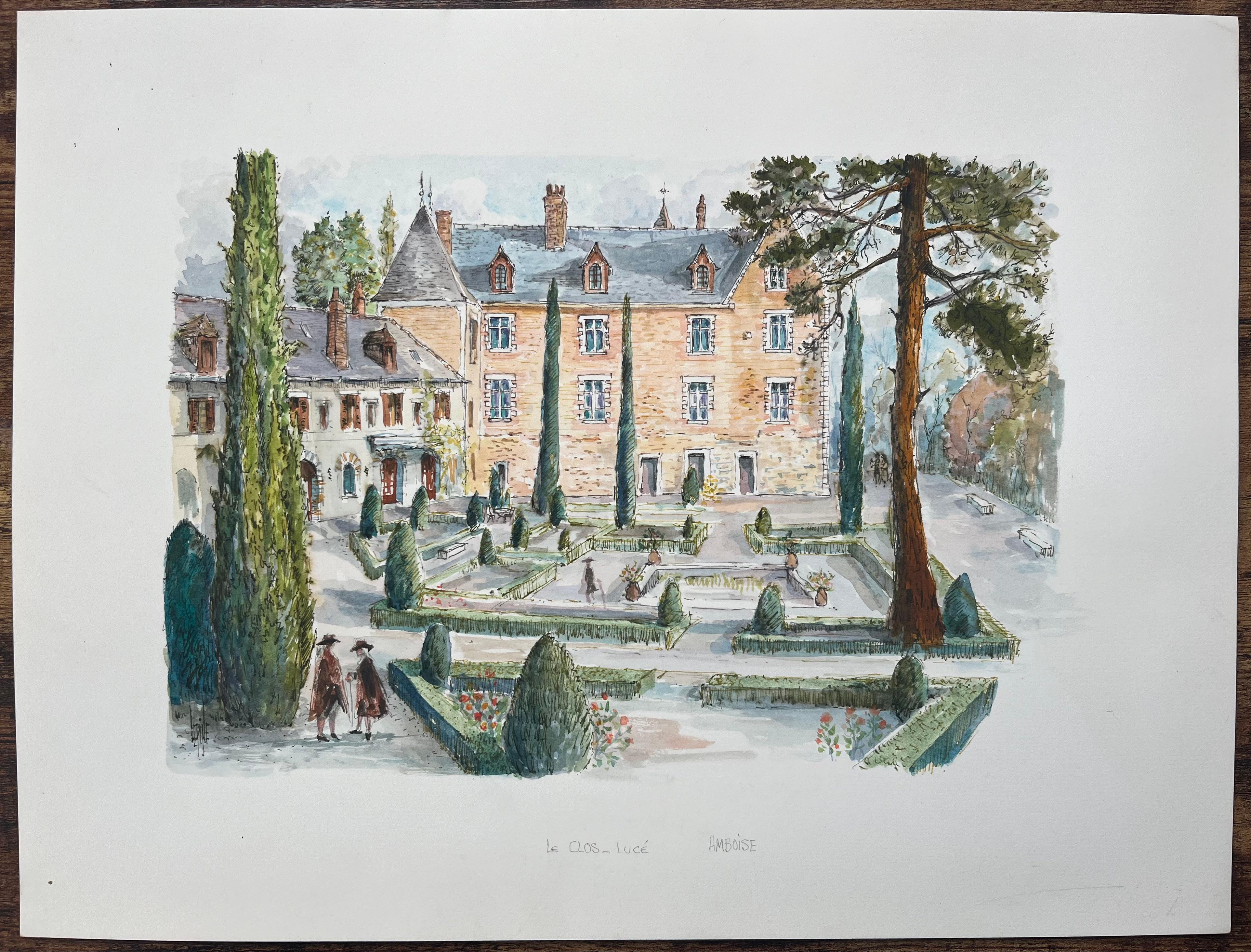 French Watercolor Painting of Le Clos Lucé Gardens in Amboise - Gray Landscape Painting by Robert Lepine (1929 - 2017)