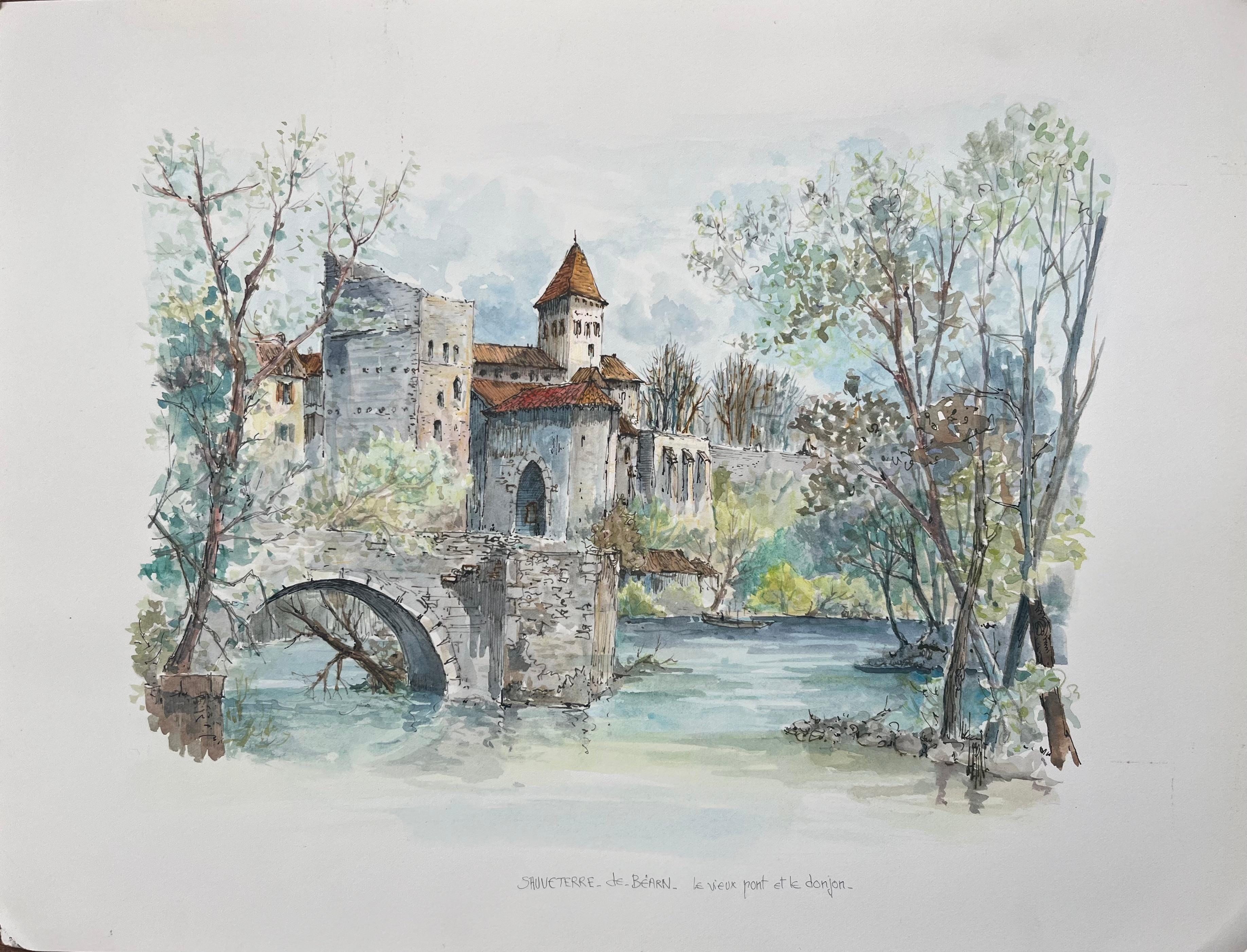 Landscape Painting de Robert Lepine (1929 - 2017) - Acuarela francesa del Puente Viejo y el Donjon de Sauveterre-de-Béarn