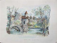 Acuarela francesa del Puente Viejo y el Donjon de Sauveterre-de-Béarn
