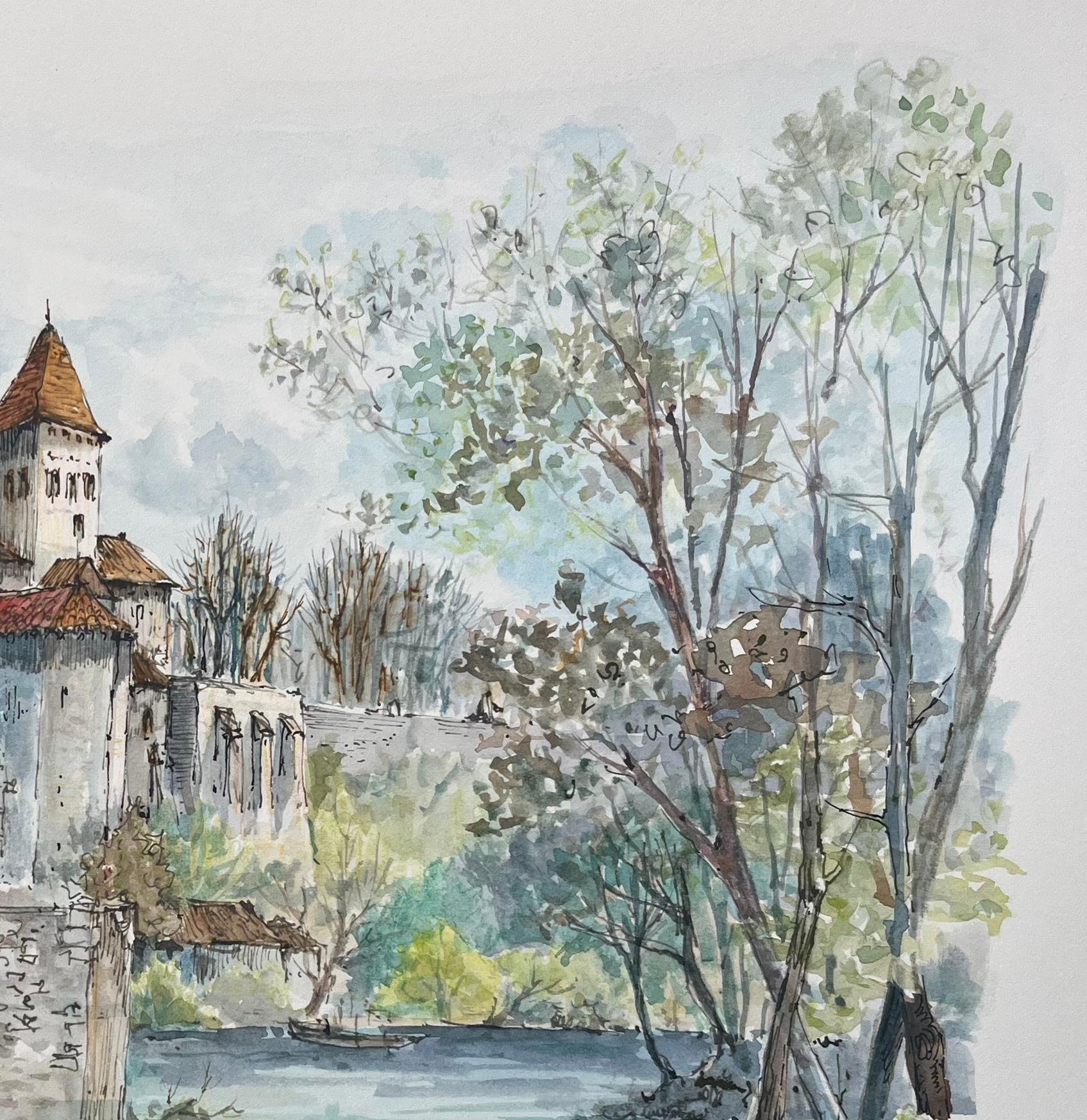 Acuarela francesa del Puente Viejo y el Donjon de Sauveterre-de-Béarn - Painting Escuela francesa de Robert Lepine (1929 - 2017)