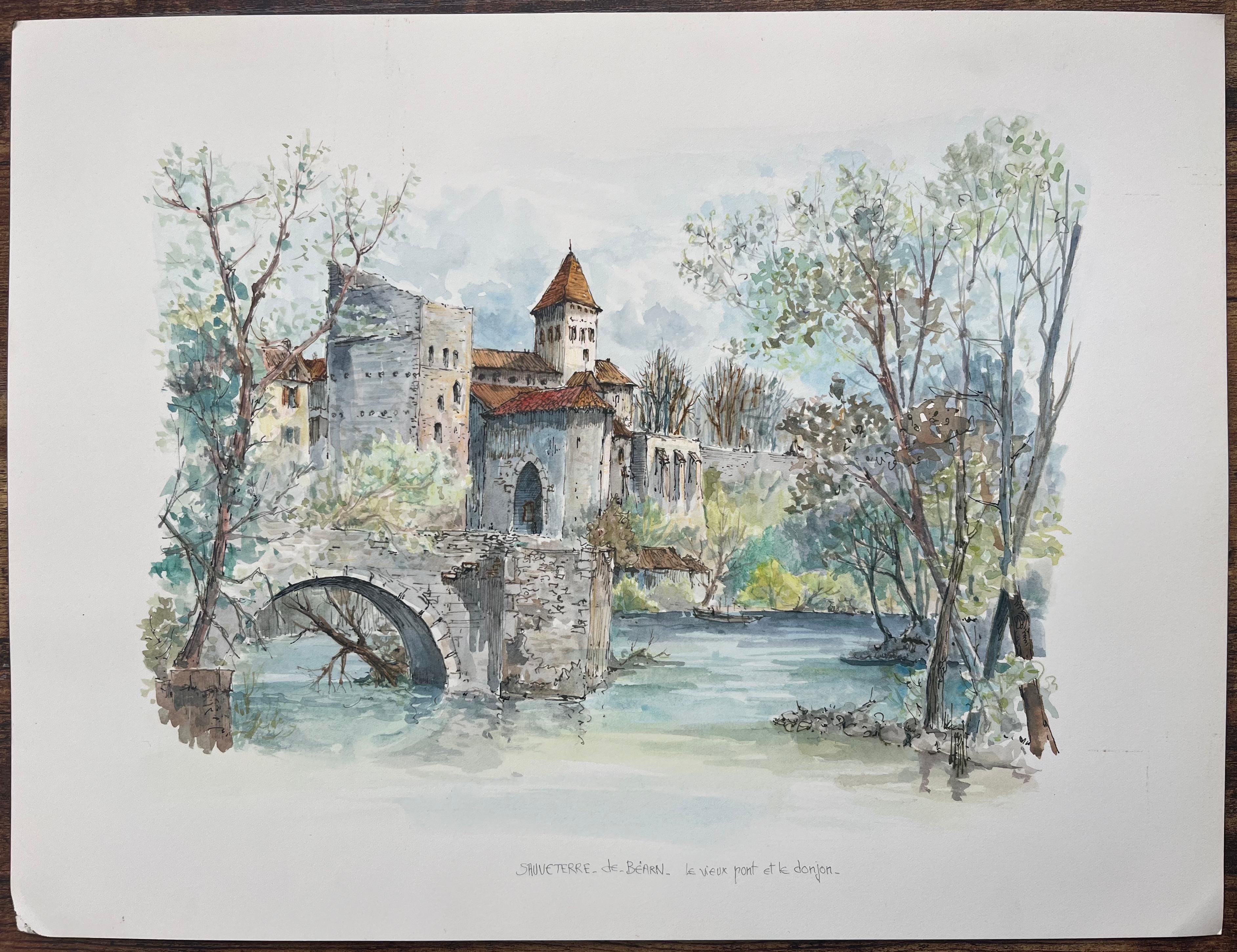Acuarela francesa del Puente Viejo y el Donjon de Sauveterre-de-Béarn - Painting de Robert Lepine (1929 - 2017)