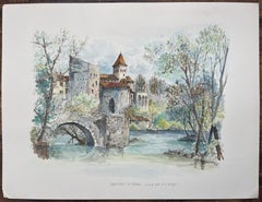 Acquerello francese del ponte vecchio e del mastio di Sauveterre-de-Béarn