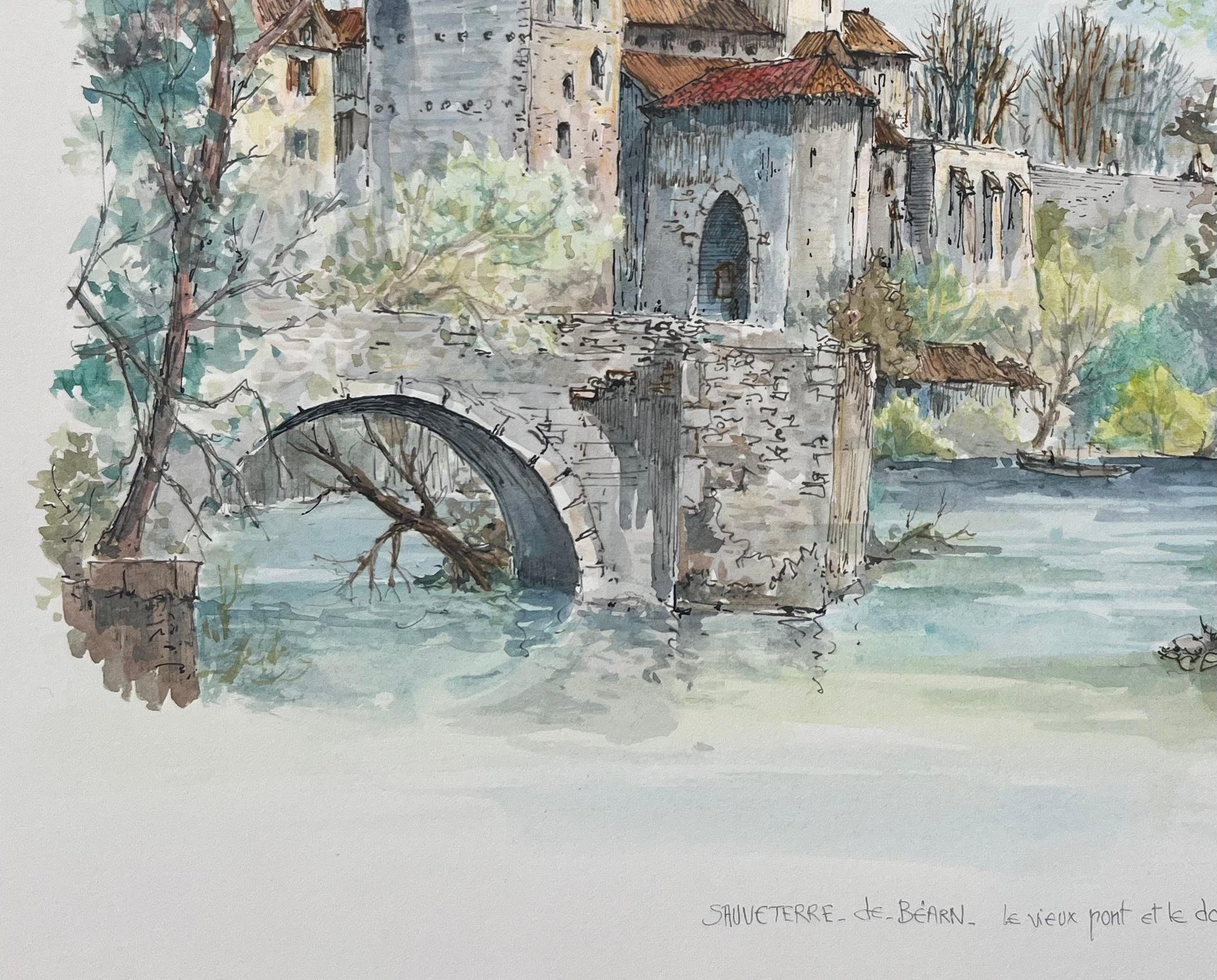 Acuarela francesa del Puente Viejo y el Donjon de Sauveterre-de-Béarn en venta 1