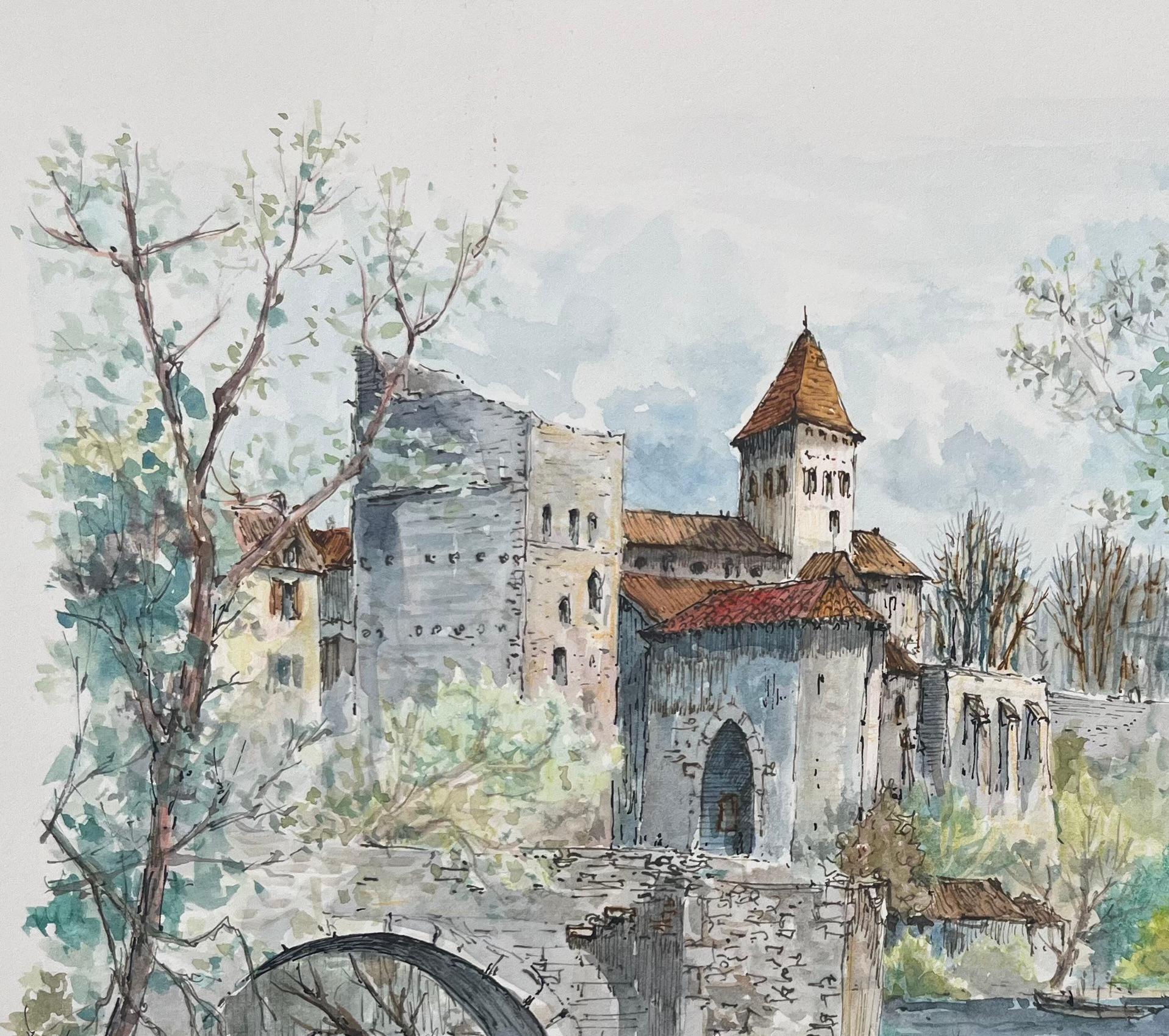 Acuarela francesa del Puente Viejo y el Donjon de Sauveterre-de-Béarn - Landscape Painting Gris de Robert Lepine (1929 - 2017)