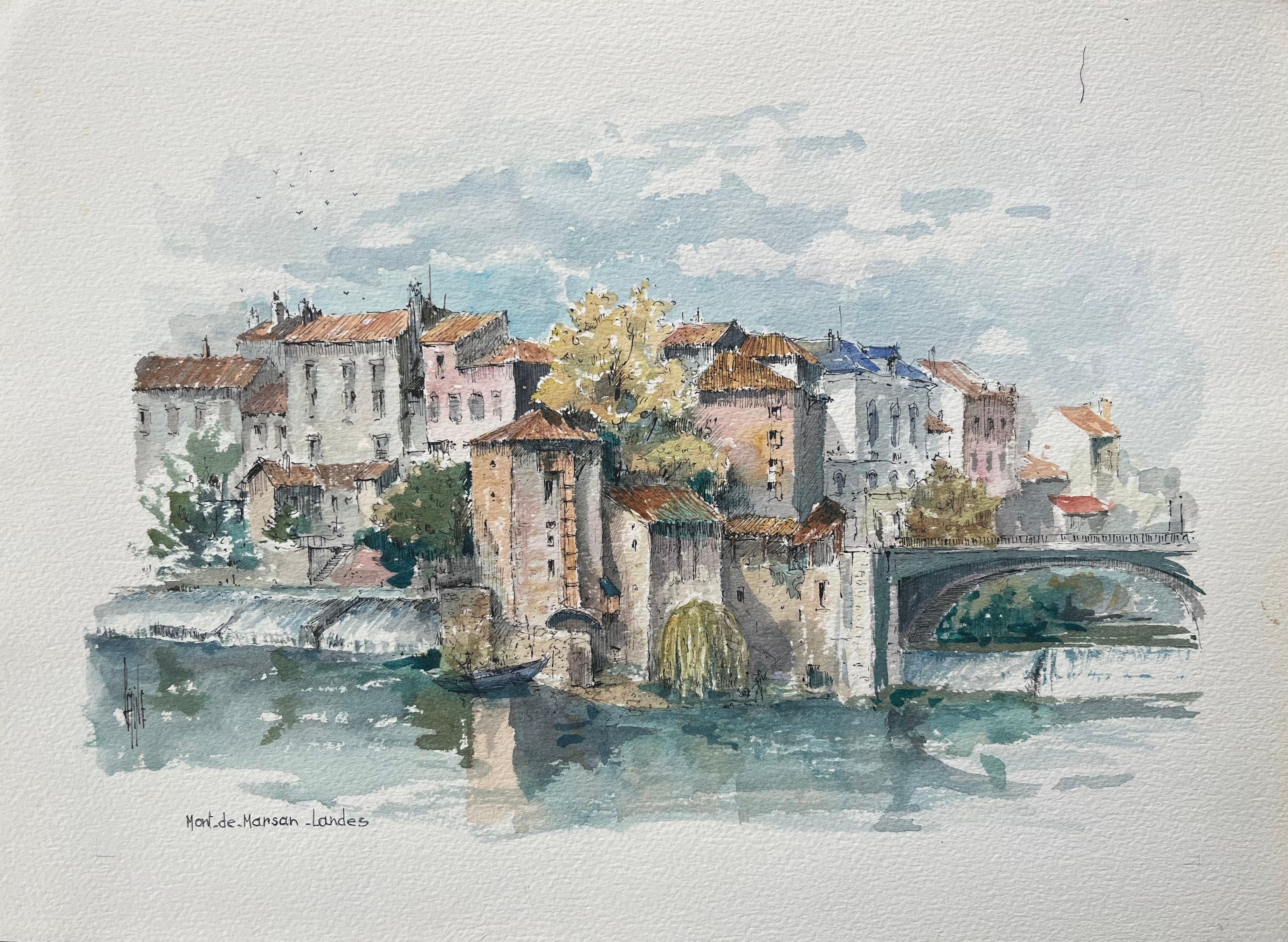 Robert Lepine (1929 - 2017) Landscape Art - French Watercolor Painting of Mont-de-Marsan in Landes