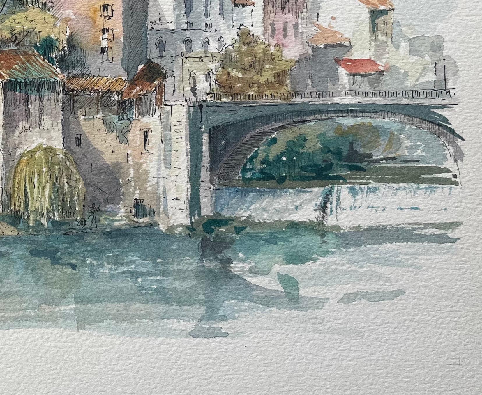 French Watercolor Painting of Mont-de-Marsan in Landes - French School Art by Robert Lepine (1929 - 2017)