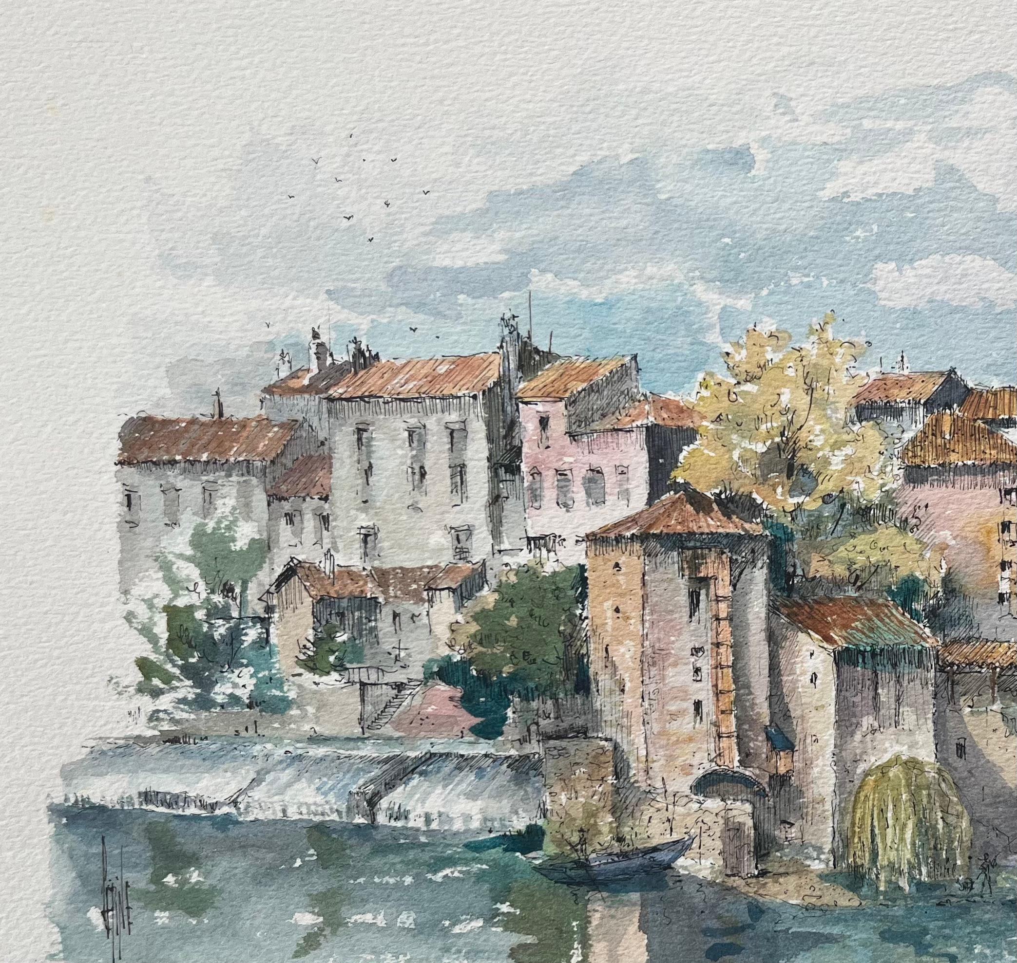 French Watercolor Painting of Mont-de-Marsan in Landes - Gray Landscape Art by Robert Lepine (1929 - 2017)