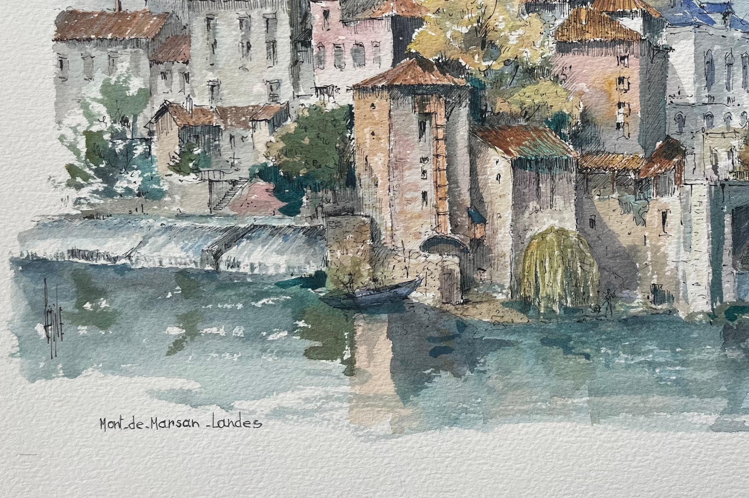 Title: French Watercolor Painting of Mont-de-Marsan in Landes
by Robert Lepine (French, 1929 - 2017)
Signed: Yes
Medium: Watercolor painting on artists paper, unframed
Size: 10.25 x 14.25 (height x width)
Condition: Very good.
Provenance: From the