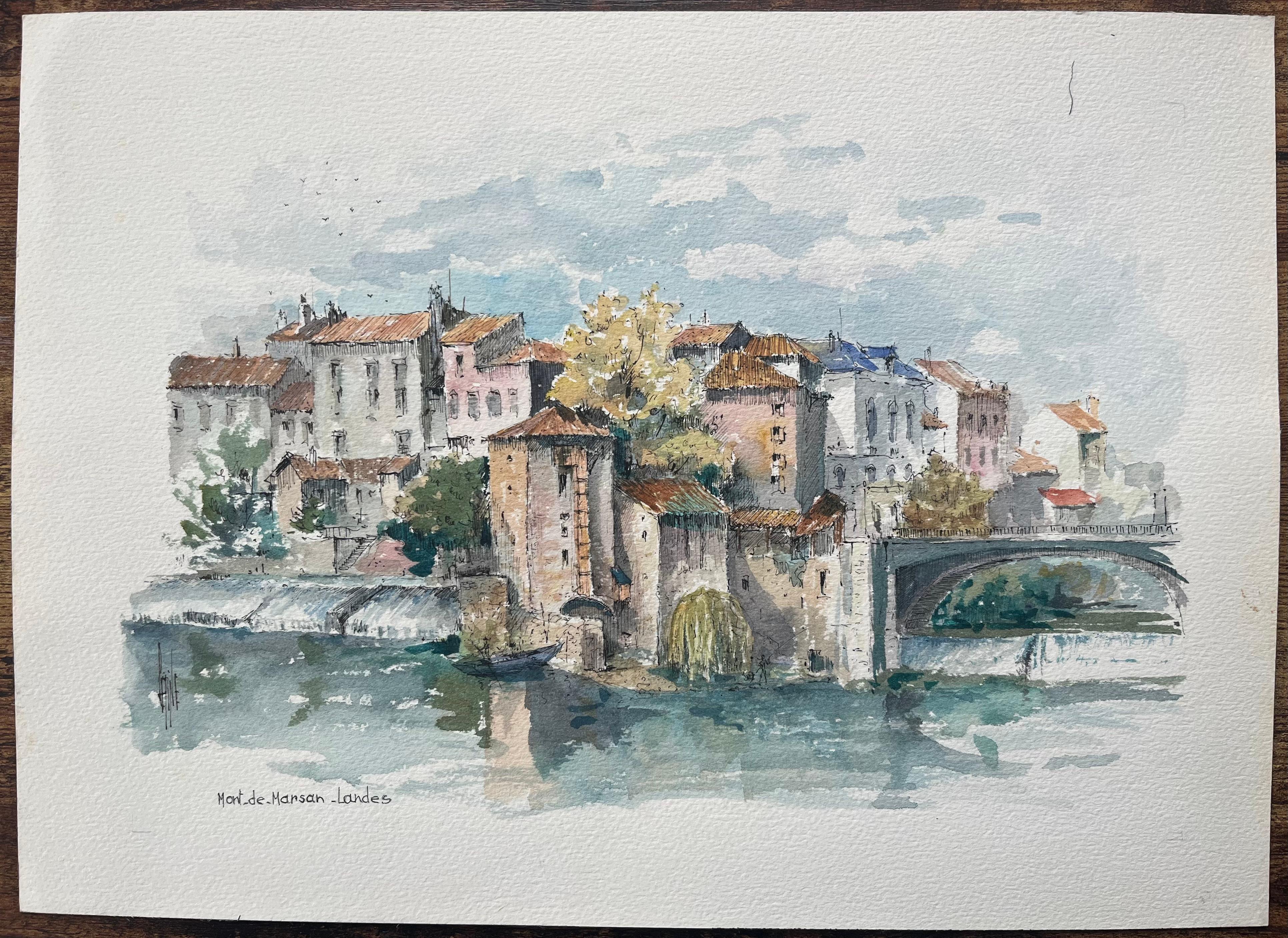 French Watercolor Painting of Mont-de-Marsan in Landes - Art by Robert Lepine (1929 - 2017)