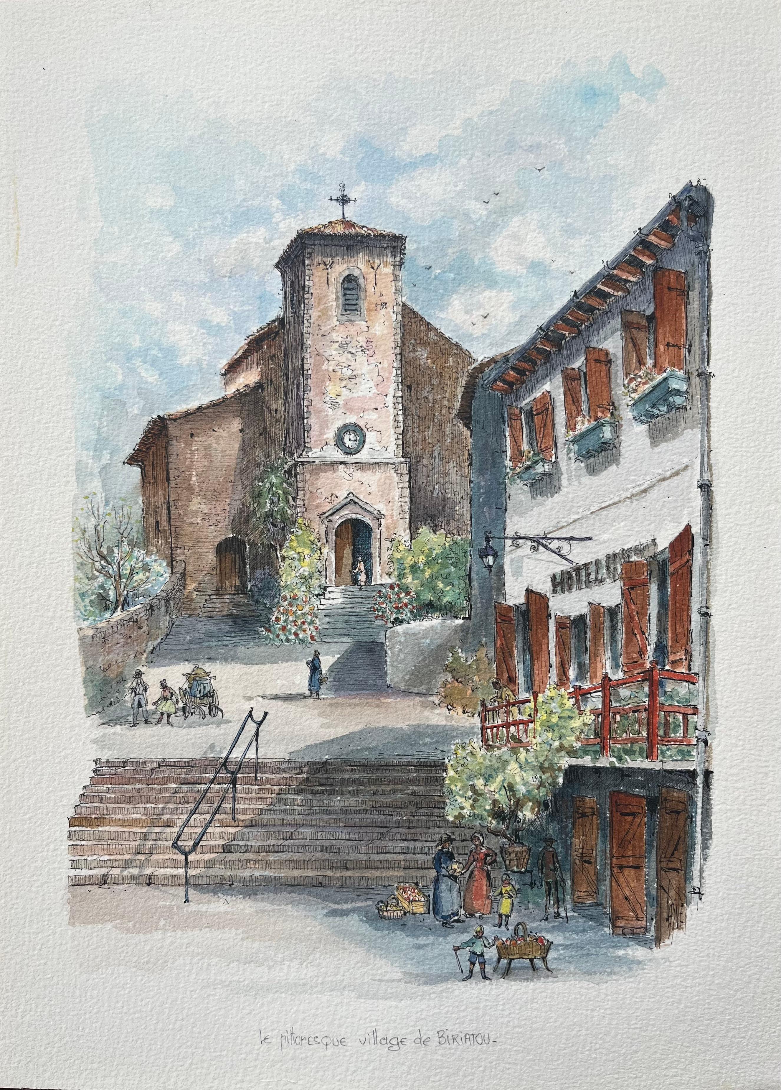 Landscape Painting Robert Lepine (1929 - 2017) - Aquarelle française du village pittoresque de Biriatou