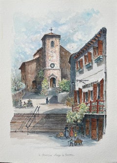 French Watercolor Painting of the Picturesque Village of Biriatou