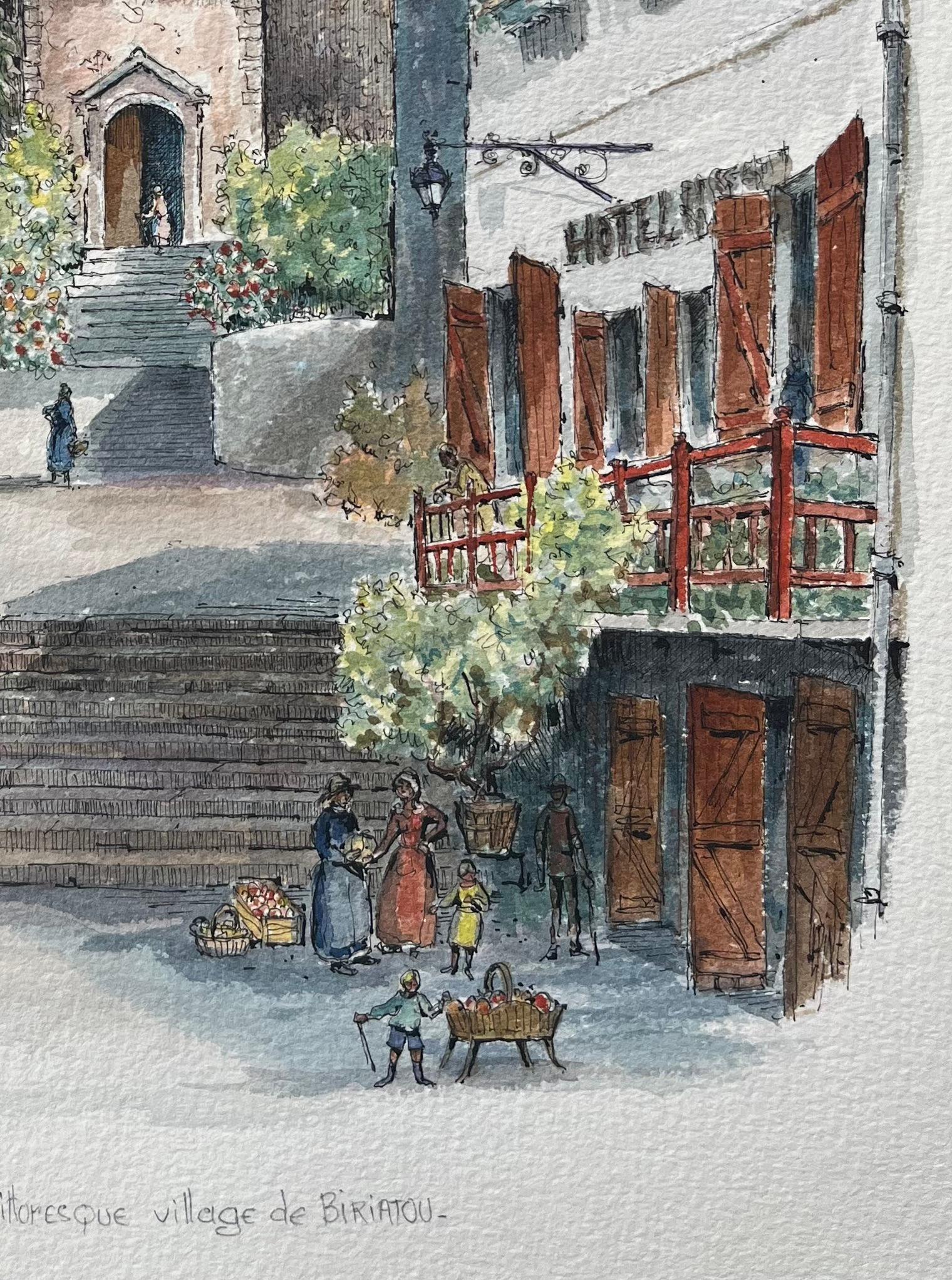 Aquarelle française du village pittoresque de Biriatou - École française Painting par Robert Lepine (1929 - 2017)