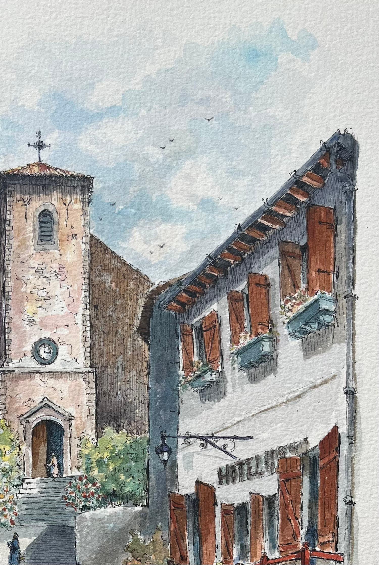 Aquarelle française du village pittoresque de Biriatou - Gris Landscape Painting par Robert Lepine (1929 - 2017)