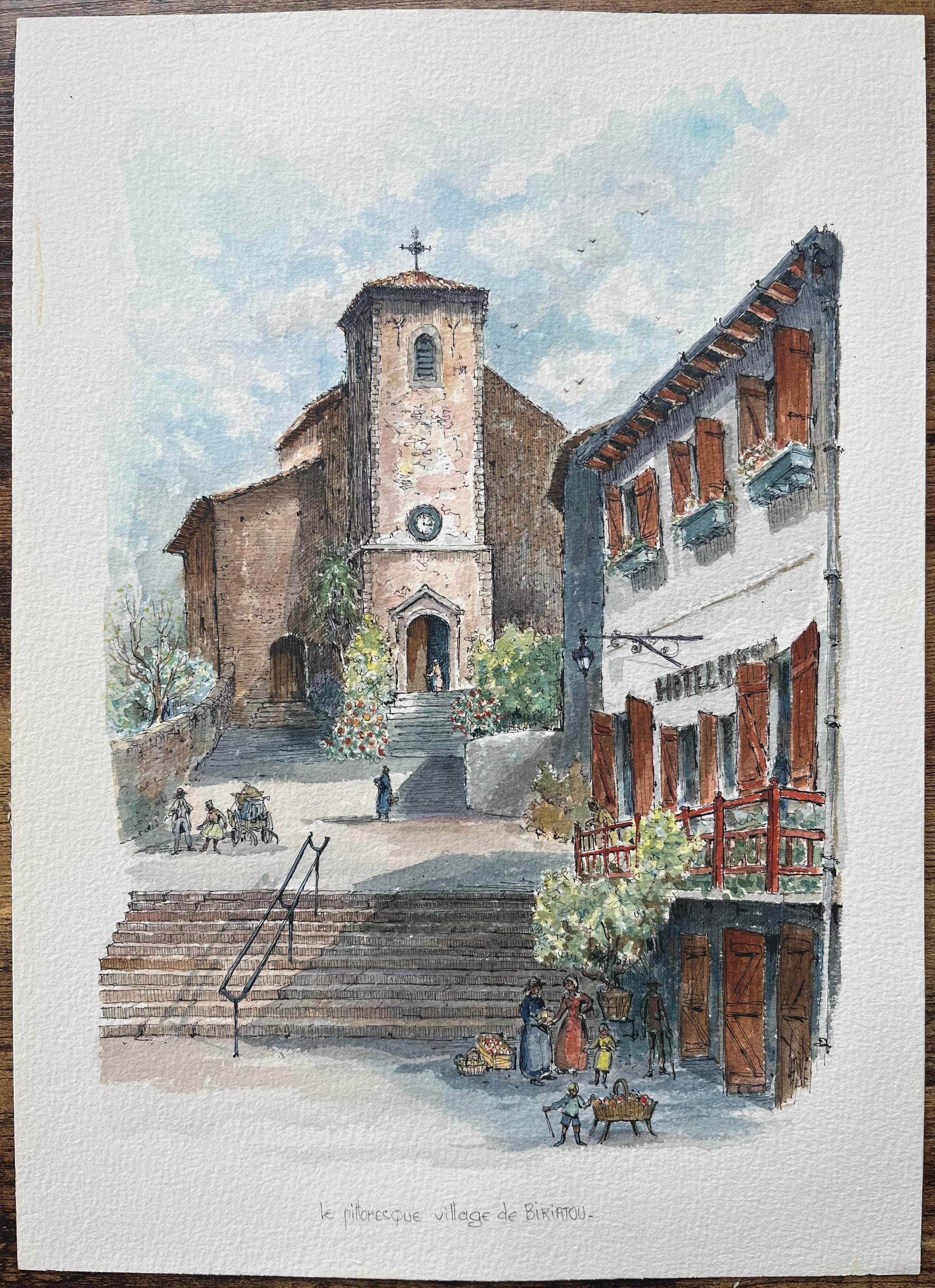 Aquarelle française du village pittoresque de Biriatou - Painting de Robert Lepine (1929 - 2017)