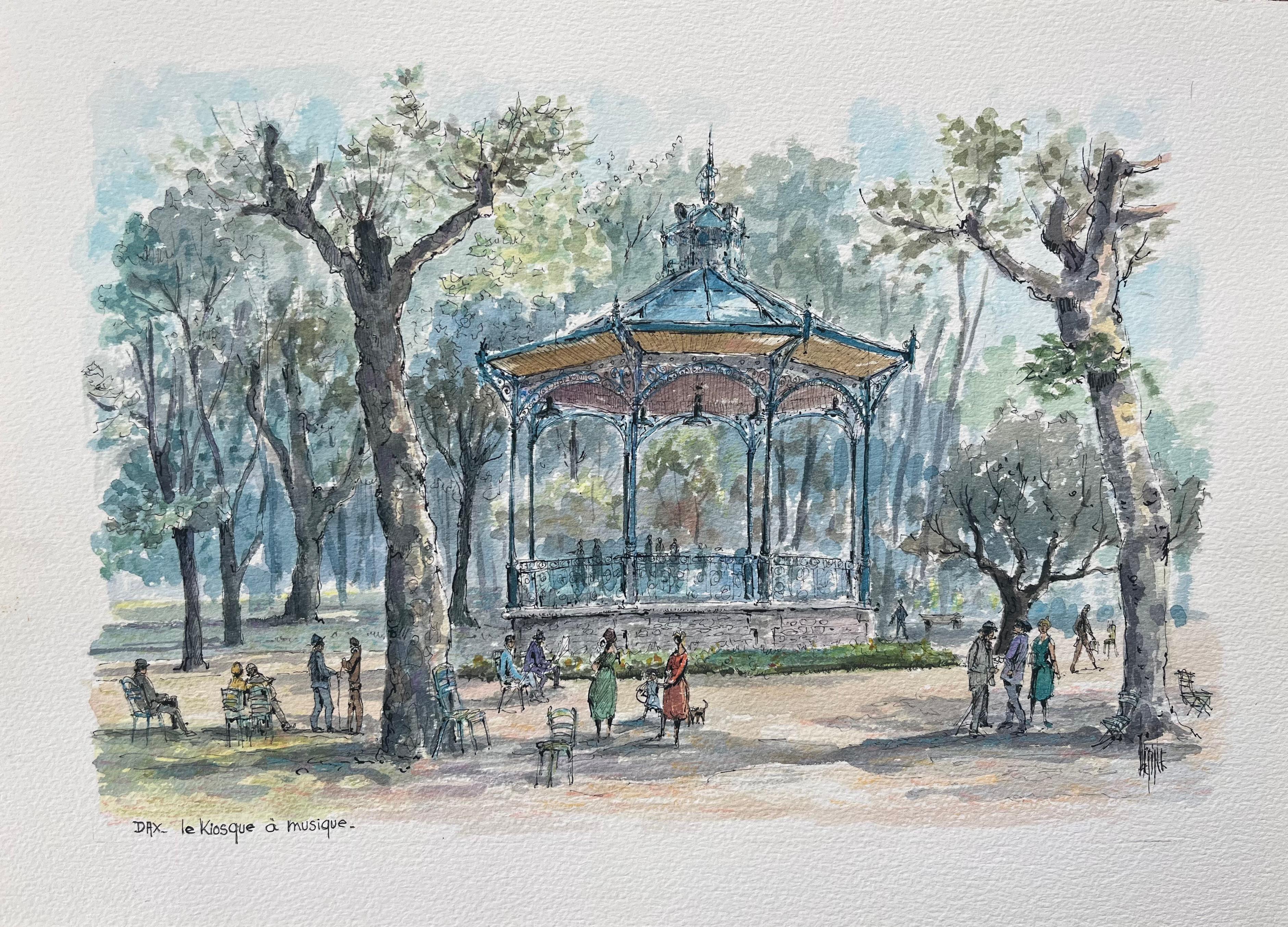 Robert Lepine (1929 - 2017) Landscape Art - French Watercolor Painting of “Le Kiosque à Musique” in Dax