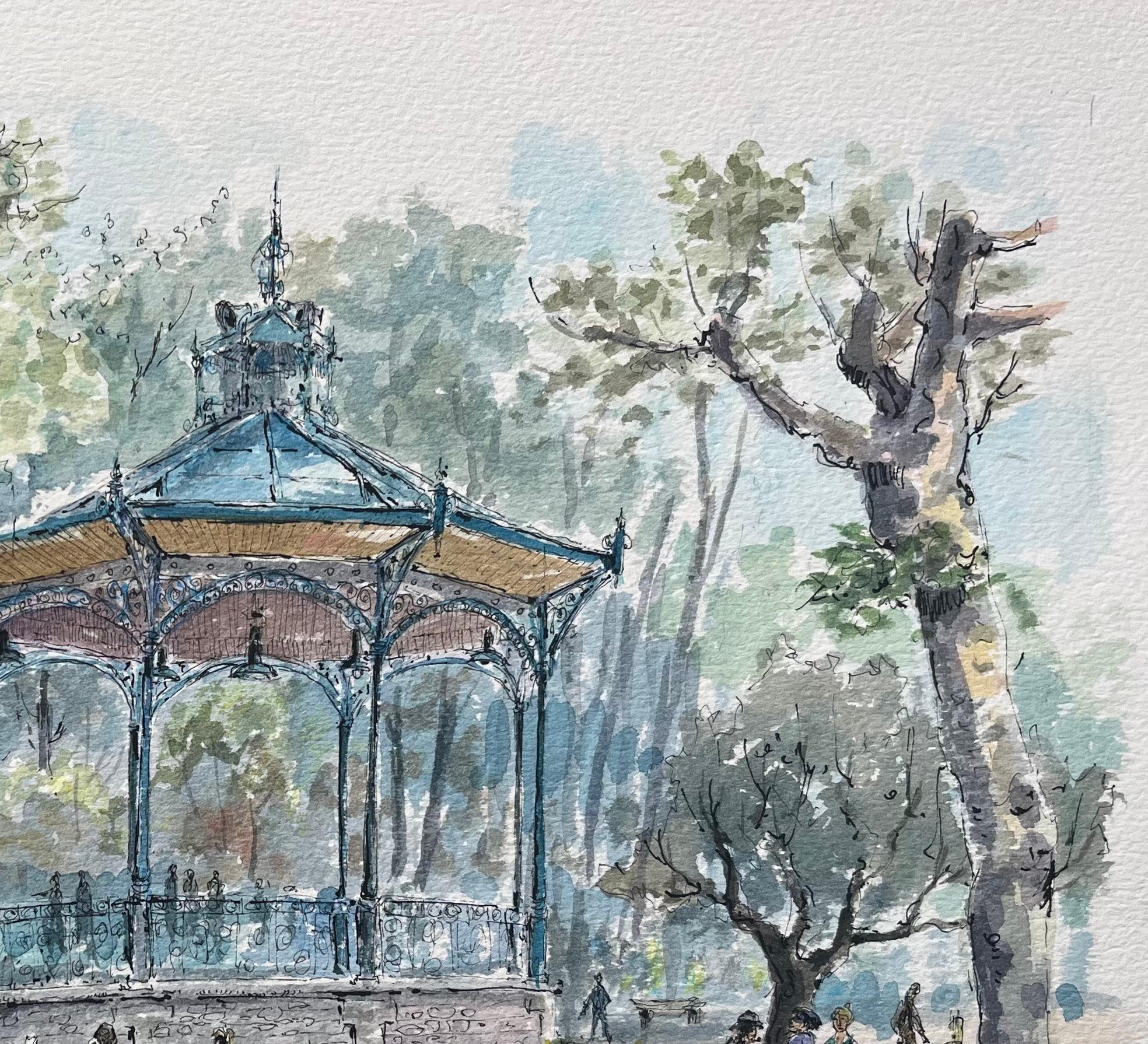 French Watercolor Painting of “Le Kiosque à Musique” in Dax - Gray Landscape Art by Robert Lepine (1929 - 2017)