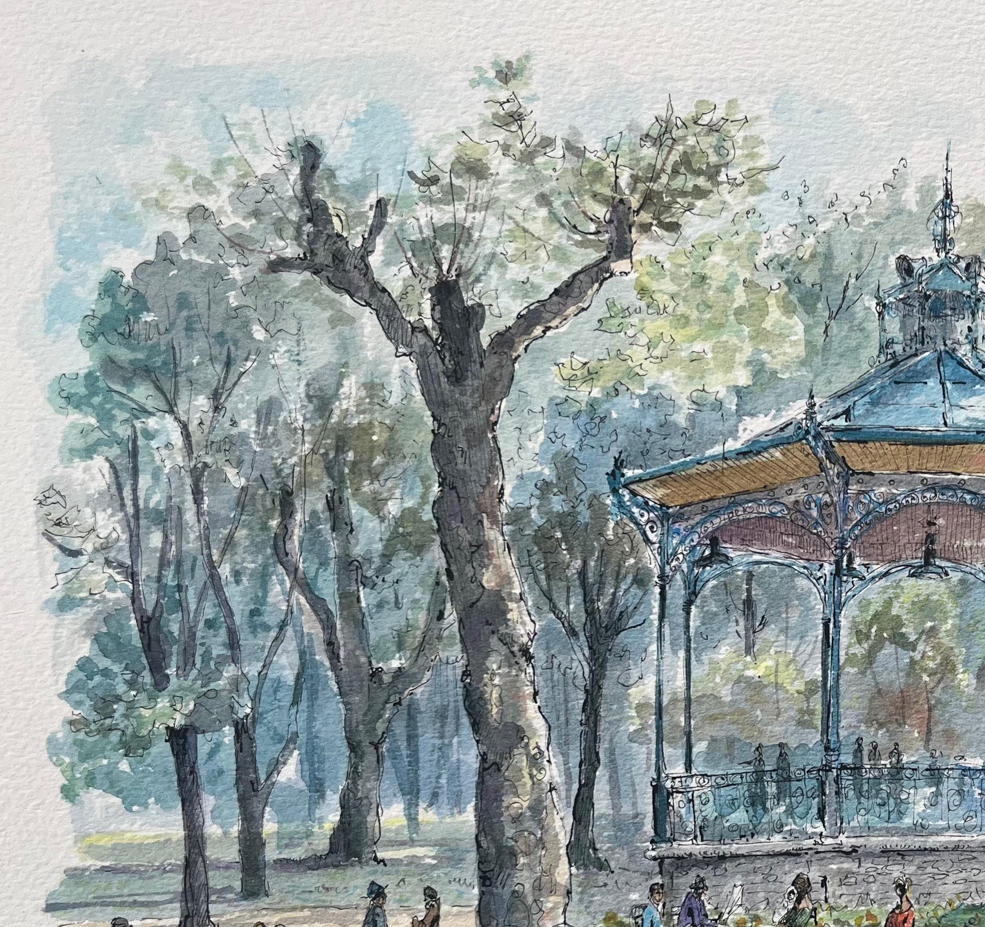 French Watercolor Painting of “Le Kiosque à Musique” in Dax For Sale 1