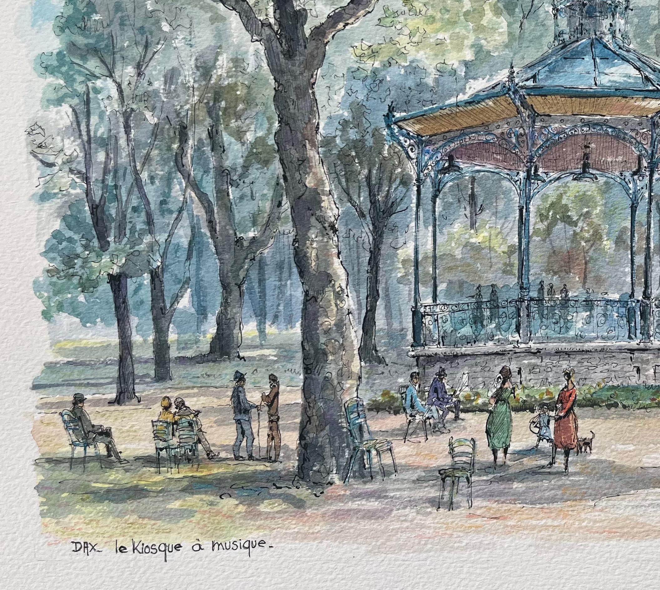 Title: French Watercolor Painting of “Le Kiosque à Musique” in Dax
by Robert Lepine (French, 1929 - 2017)
Signed: Yes
Medium: Watercolor painting on artists paper, unframed
Size: 10.25 x 14.25 (height x width)
Condition: Very good.
Provenance: From