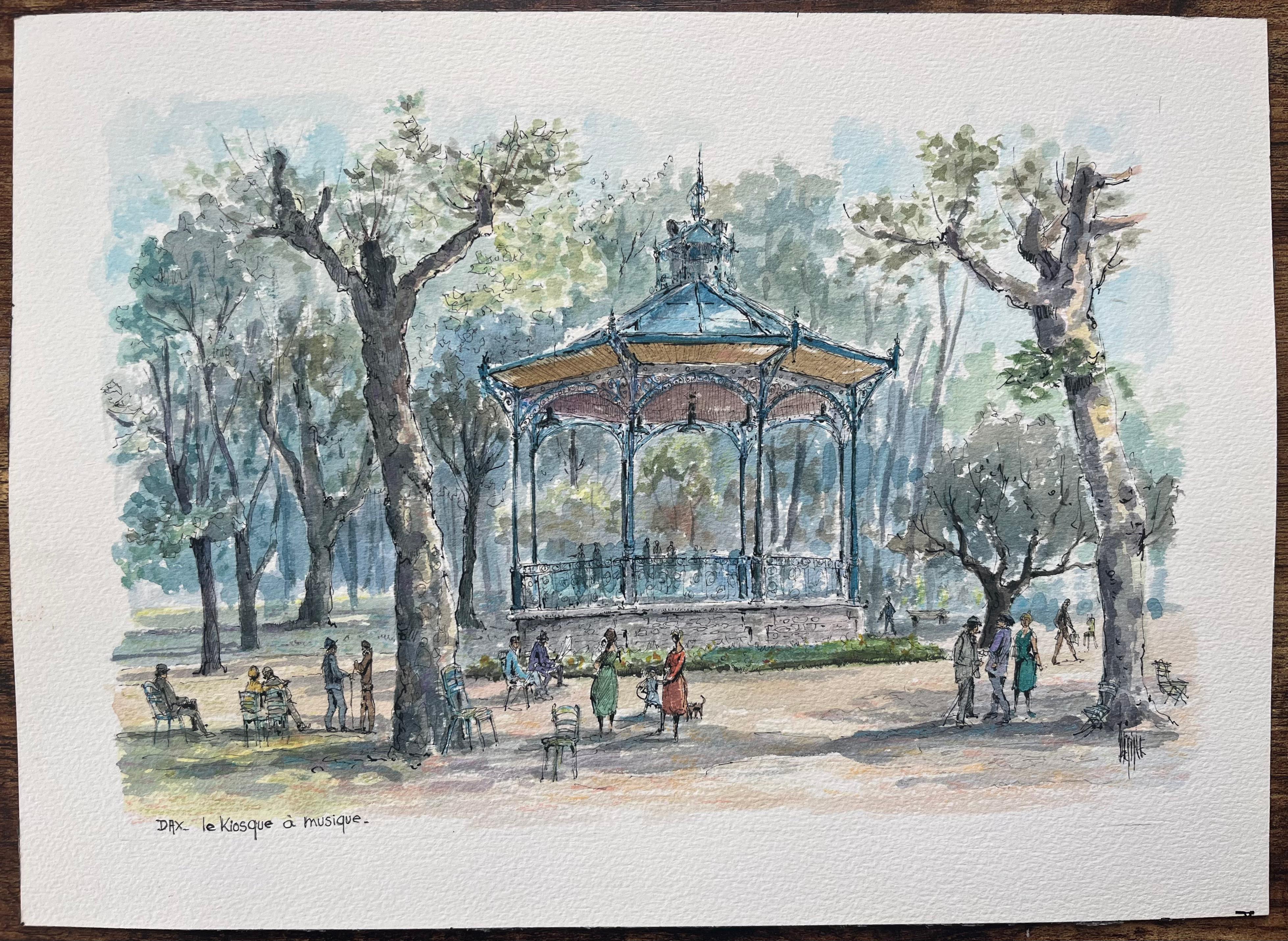 French Watercolor Painting of “Le Kiosque à Musique” in Dax - Art by Robert Lepine (1929 - 2017)