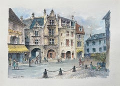 Französische Aquarellmalerei von Sarlat-la-Canéda, Place Peyrou