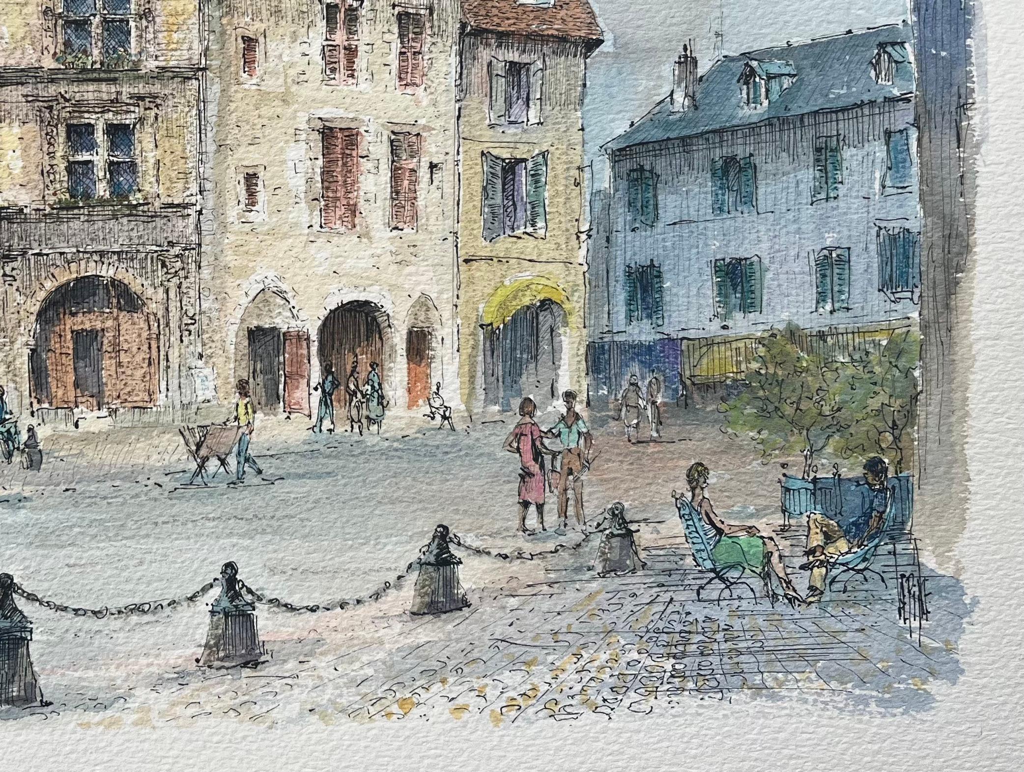 Acuarela francesa de Sarlat-la-Canéda, plaza Peyrou - Painting Escuela francesa de Robert Lepine (1929 - 2017)