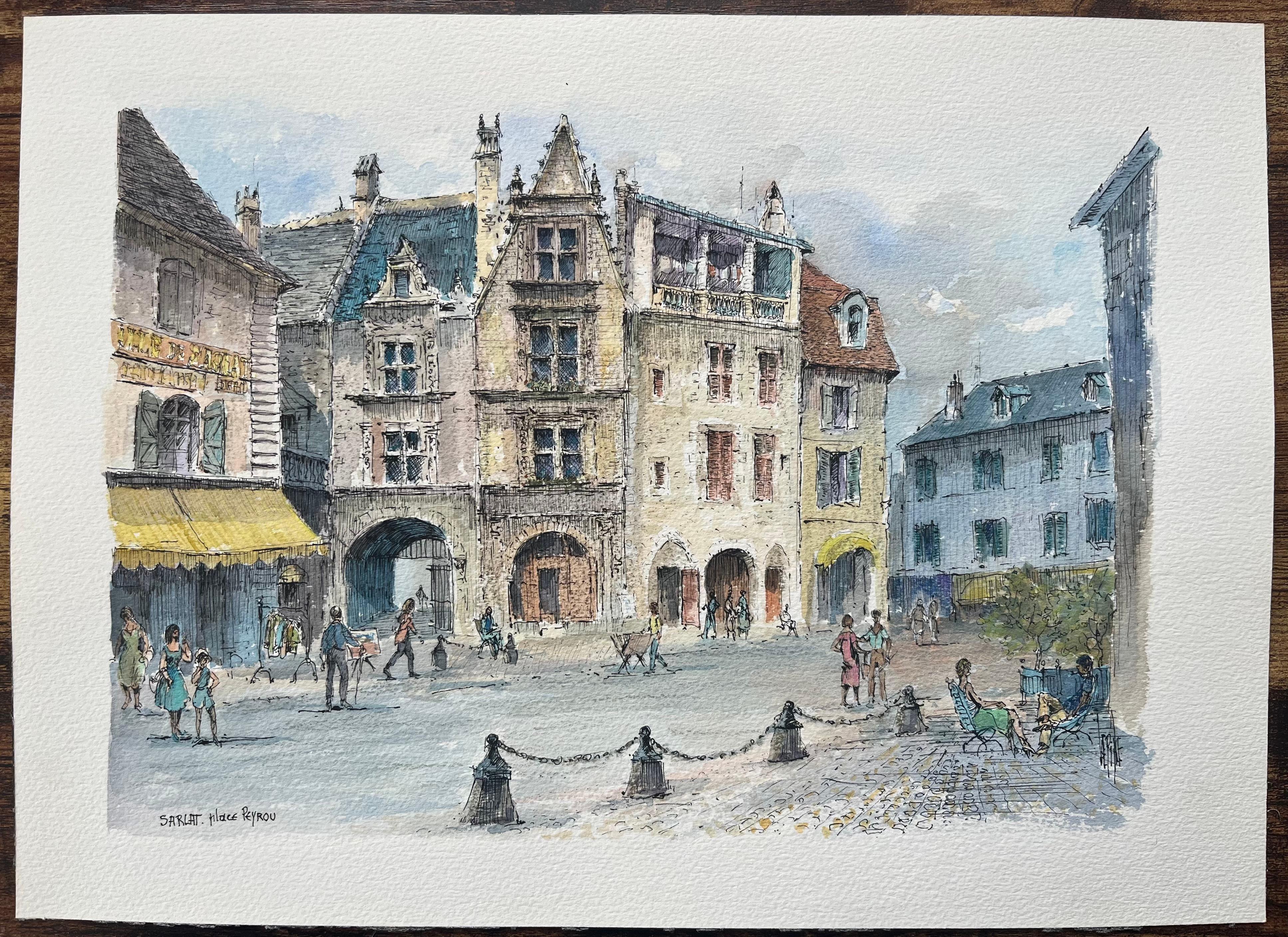 Acuarela francesa de Sarlat-la-Canéda, plaza Peyrou - Painting de Robert Lepine (1929 - 2017)
