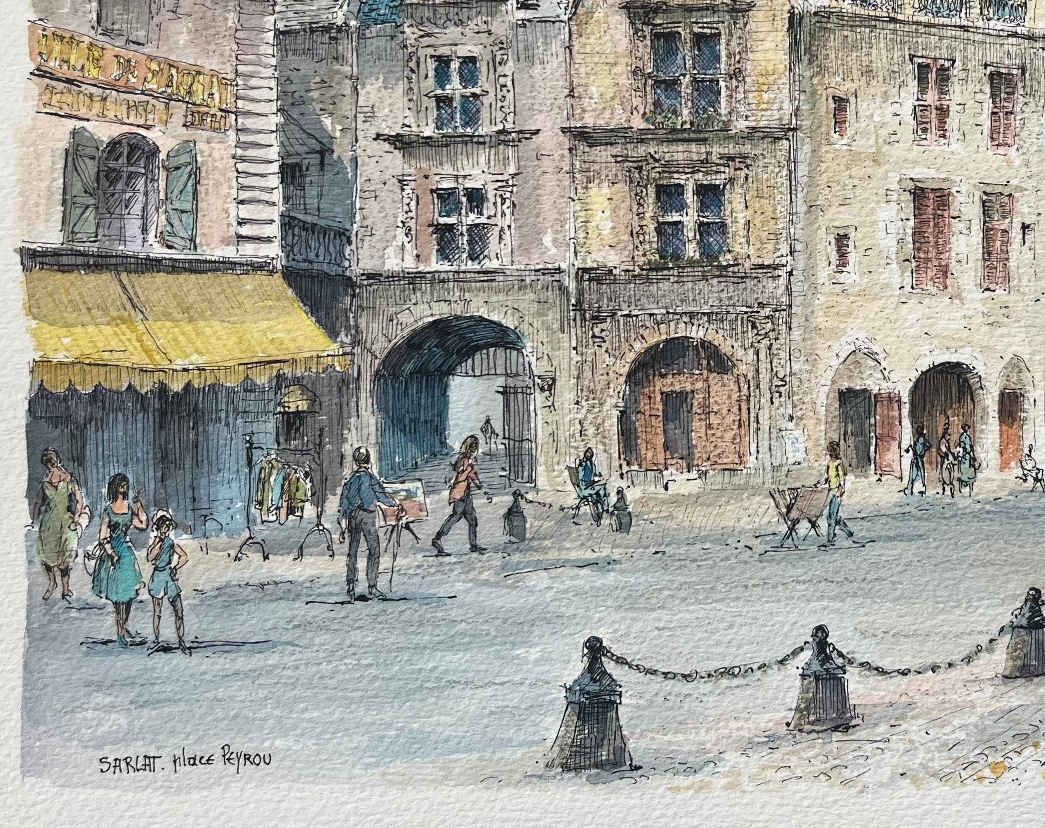 Acuarela francesa de Sarlat-la-Canéda, plaza Peyrou - Landscape Painting Gris de Robert Lepine (1929 - 2017)