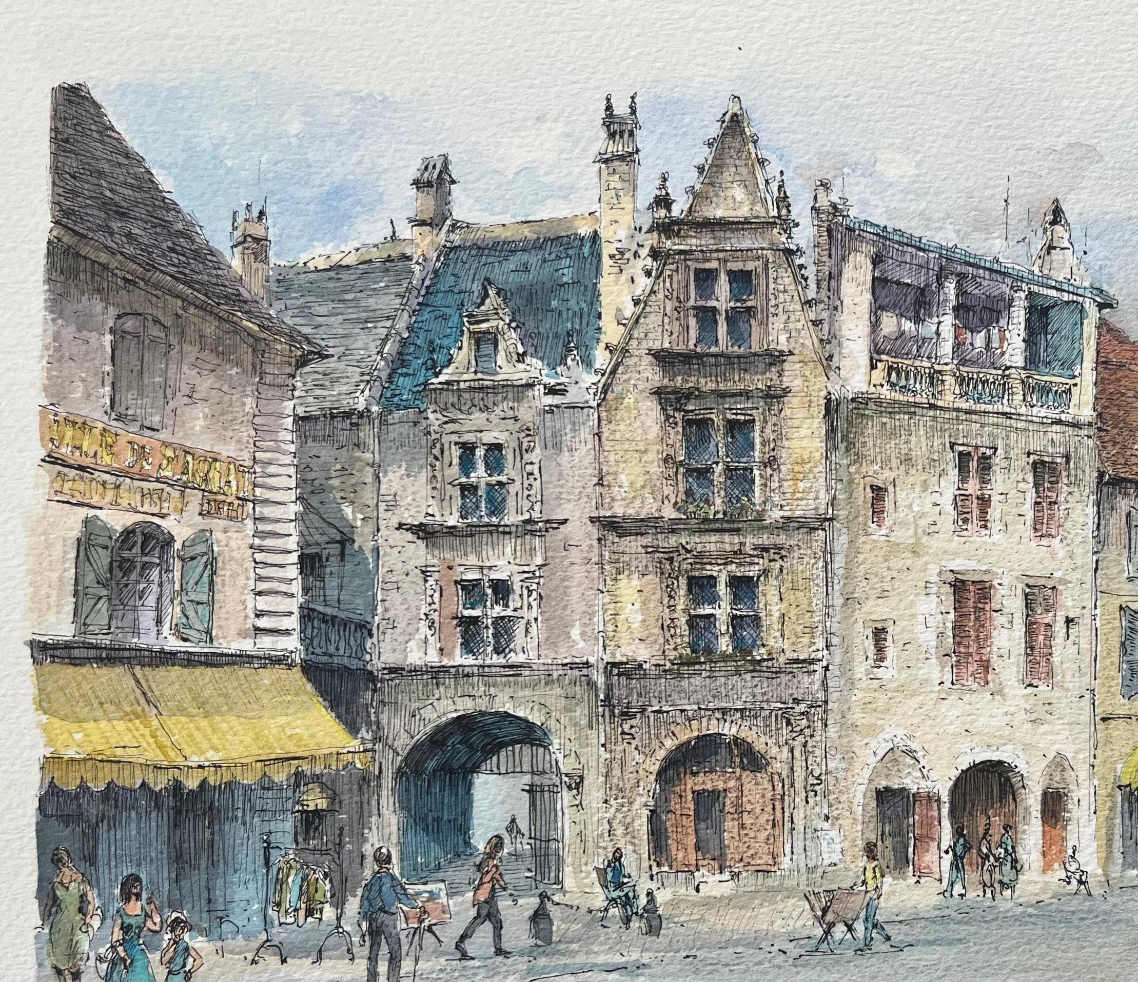 Acuarela francesa de Sarlat-la-Canéda, plaza Peyrou en venta 1