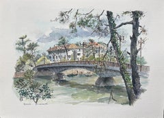 French Watercolor Painting of “Le Nouveau Pont” in Hossegor