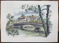 French Watercolor Painting of “Le Nouveau Pont” in Hossegor