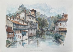 Acuarela francesa de Saint-Jean-Pied-de-Port en el río Nive