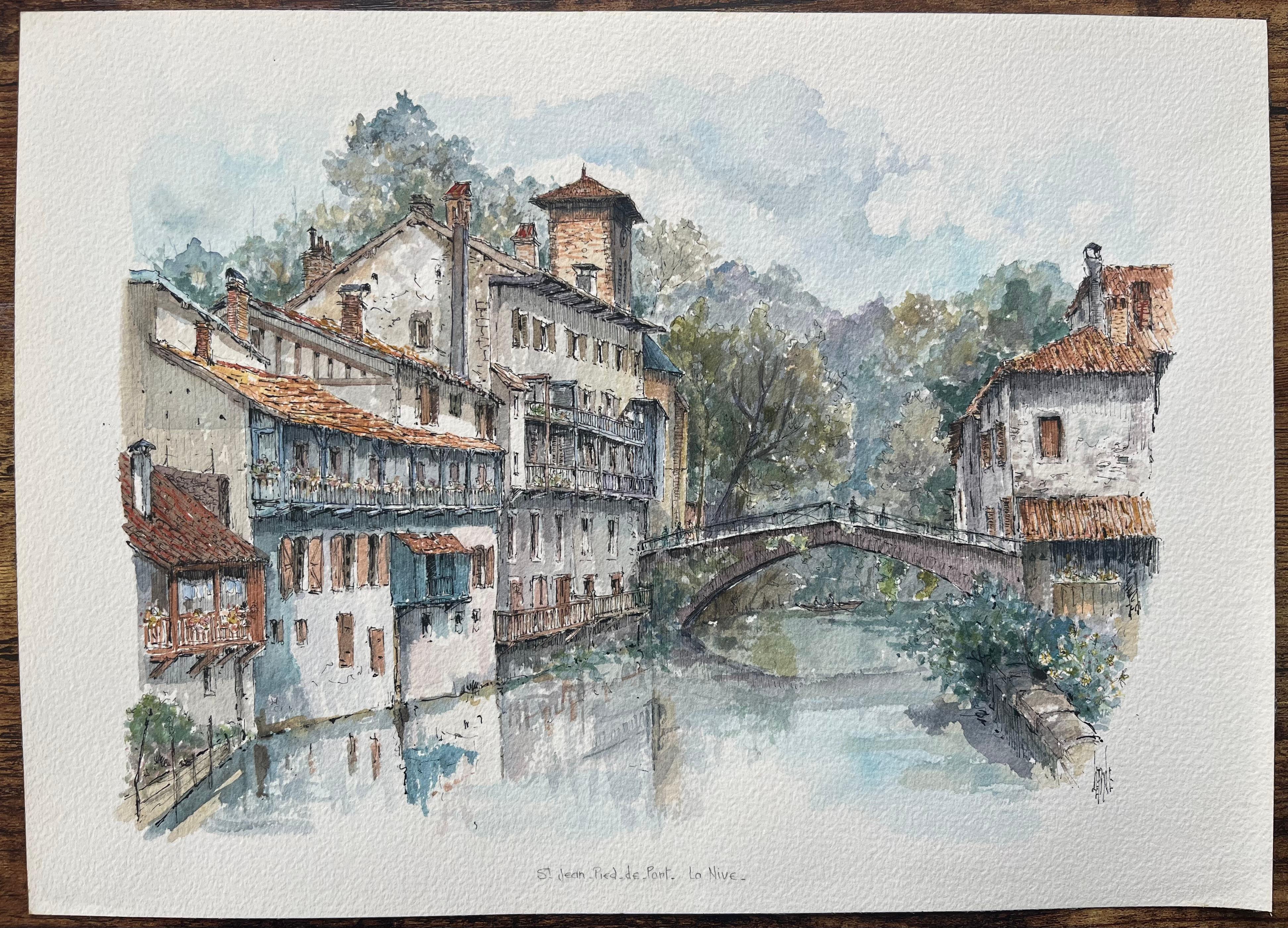 French Watercolor Painting of Saint-Jean-Pied-de-Port on the Nive River - Gray Landscape Painting by Robert Lepine (1929 - 2017)