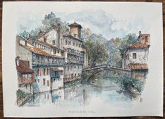 French Watercolor Painting of Saint-Jean-Pied-de-Port on the Nive River