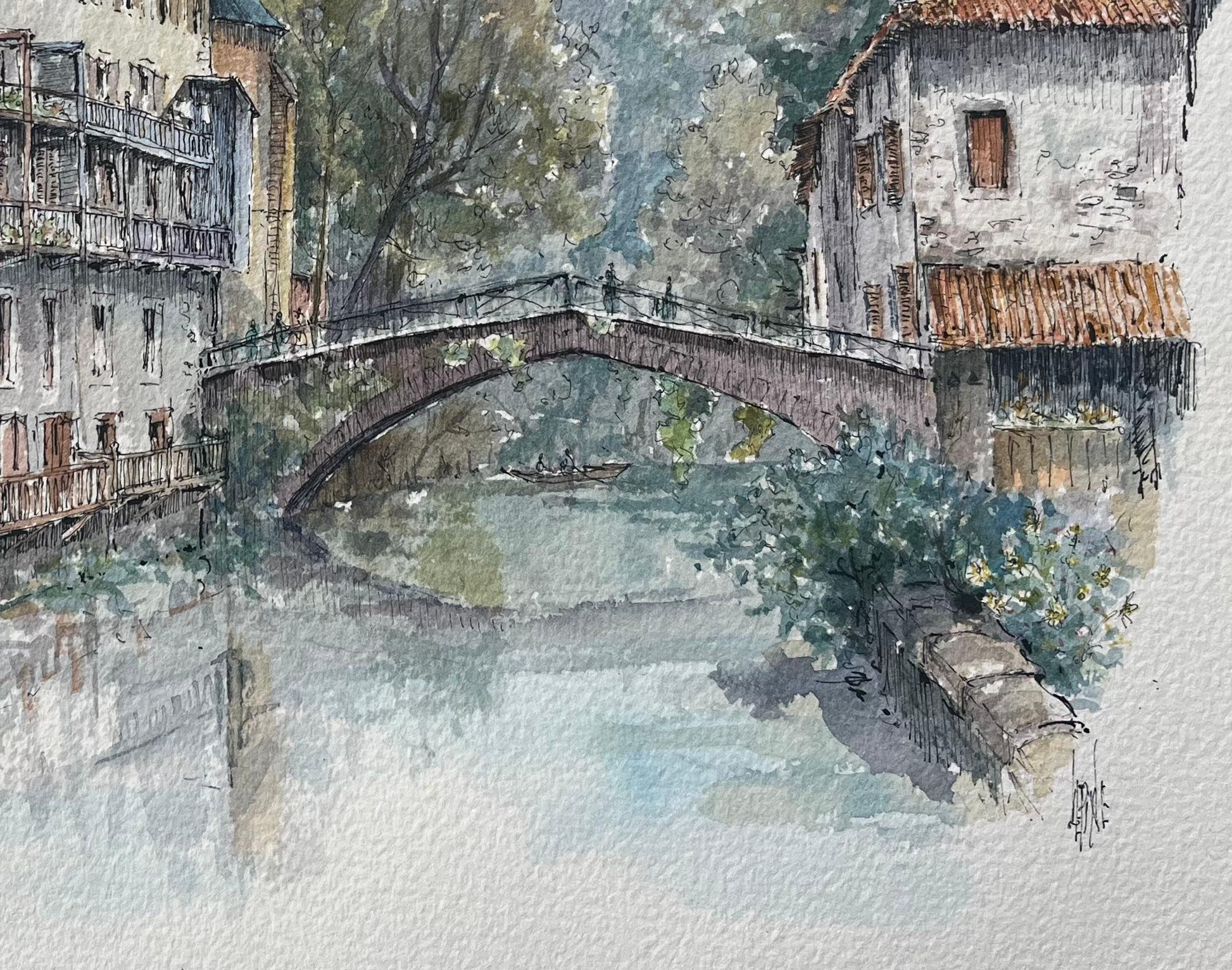 Title: French Watercolor Painting of Saint-Jean-Pied-de-Port on the Nive River
by Robert Lepine (French, 1929 - 2017)
Signed: Yes
Medium: Watercolor painting on artists paper, unframed
Size: 10.25 x 14.25 (height x width)
Condition: Very