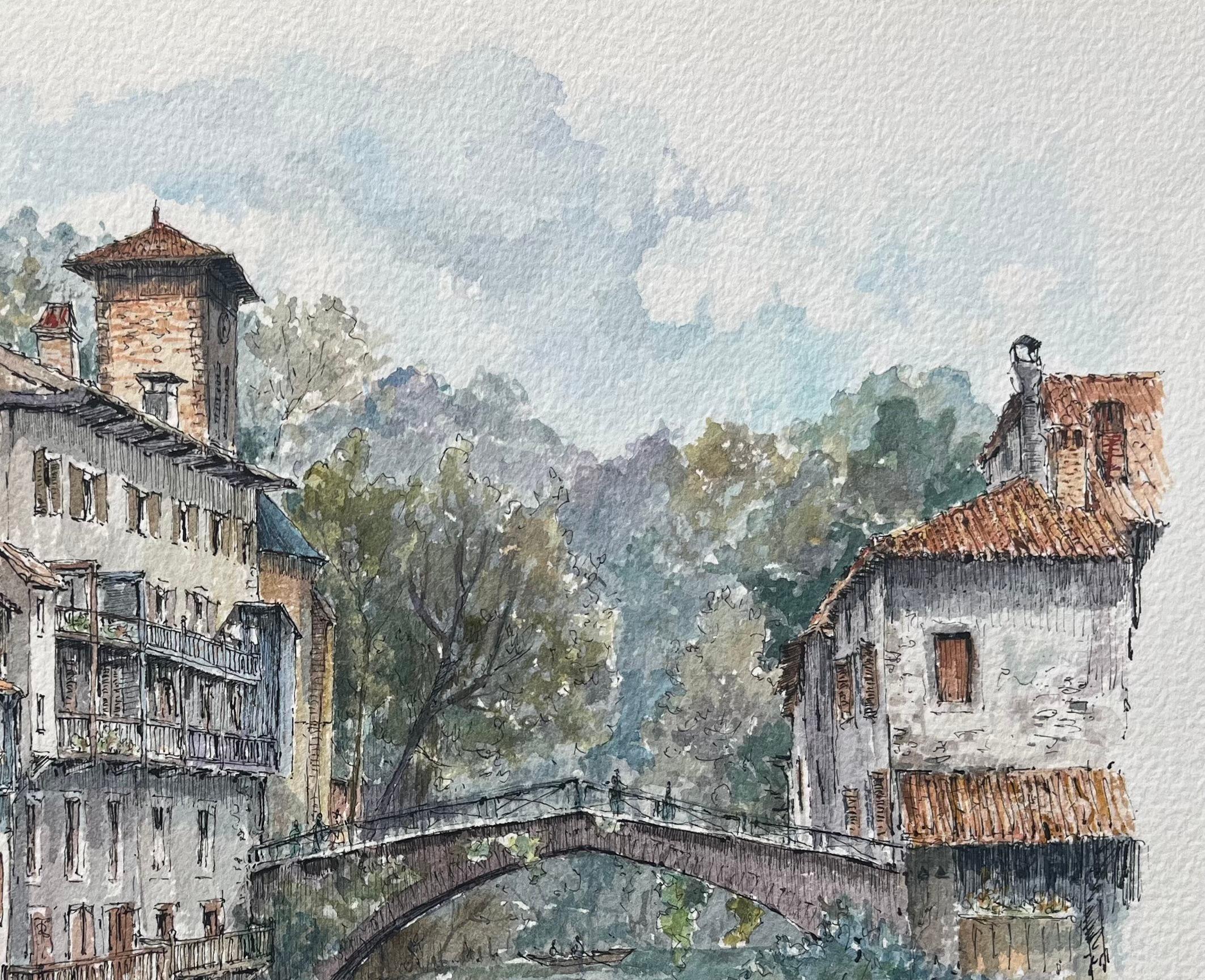 French Watercolor Painting of Saint-Jean-Pied-de-Port on the Nive River For Sale 1