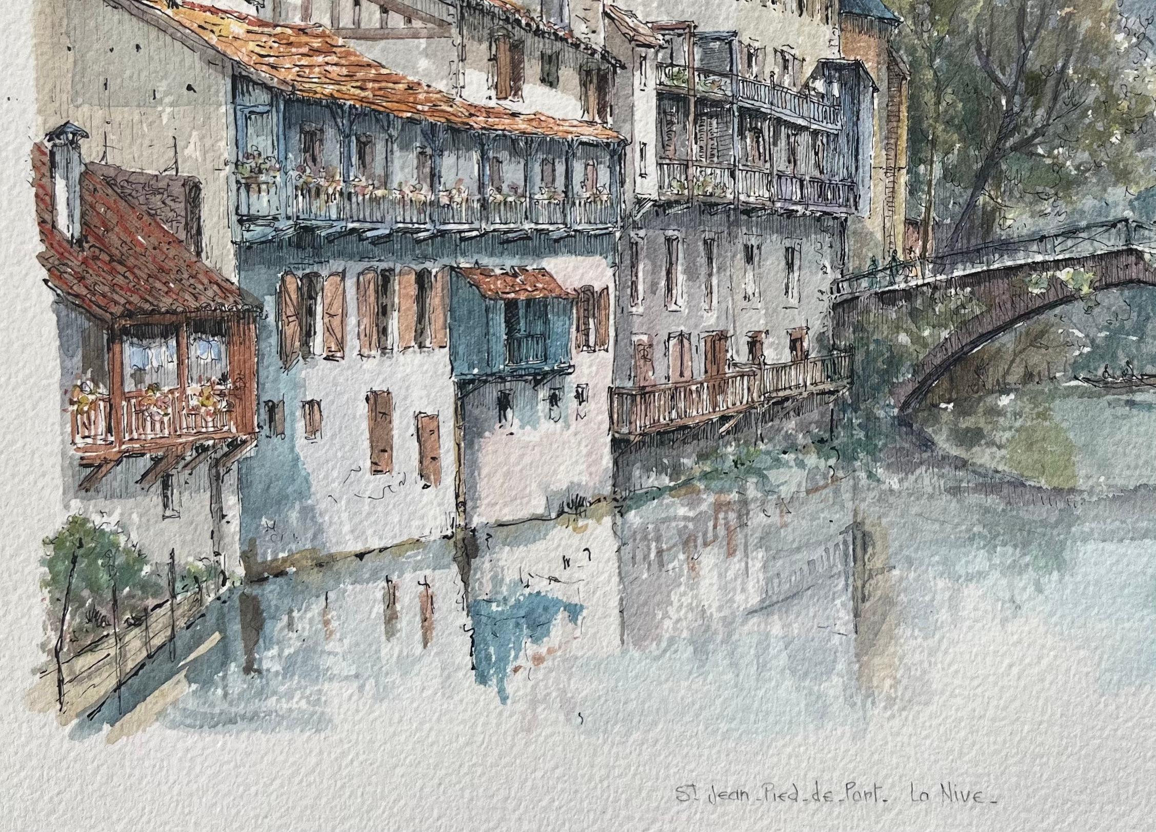French Watercolor Painting of Saint-Jean-Pied-de-Port on the Nive River For Sale 2