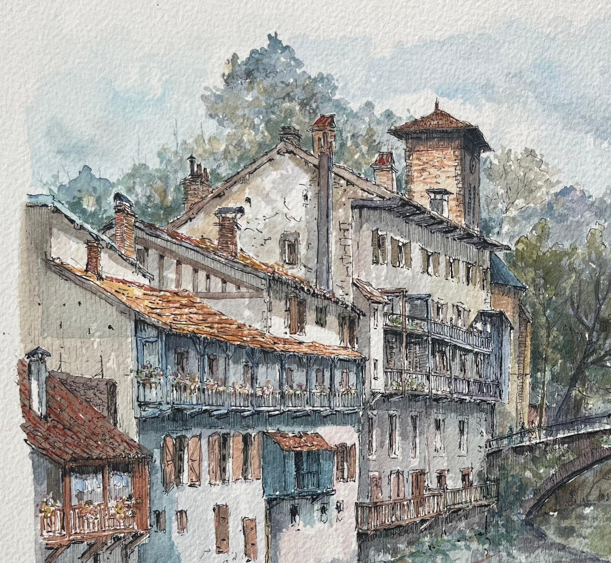 French Watercolor Painting of Saint-Jean-Pied-de-Port on the Nive River For Sale 3