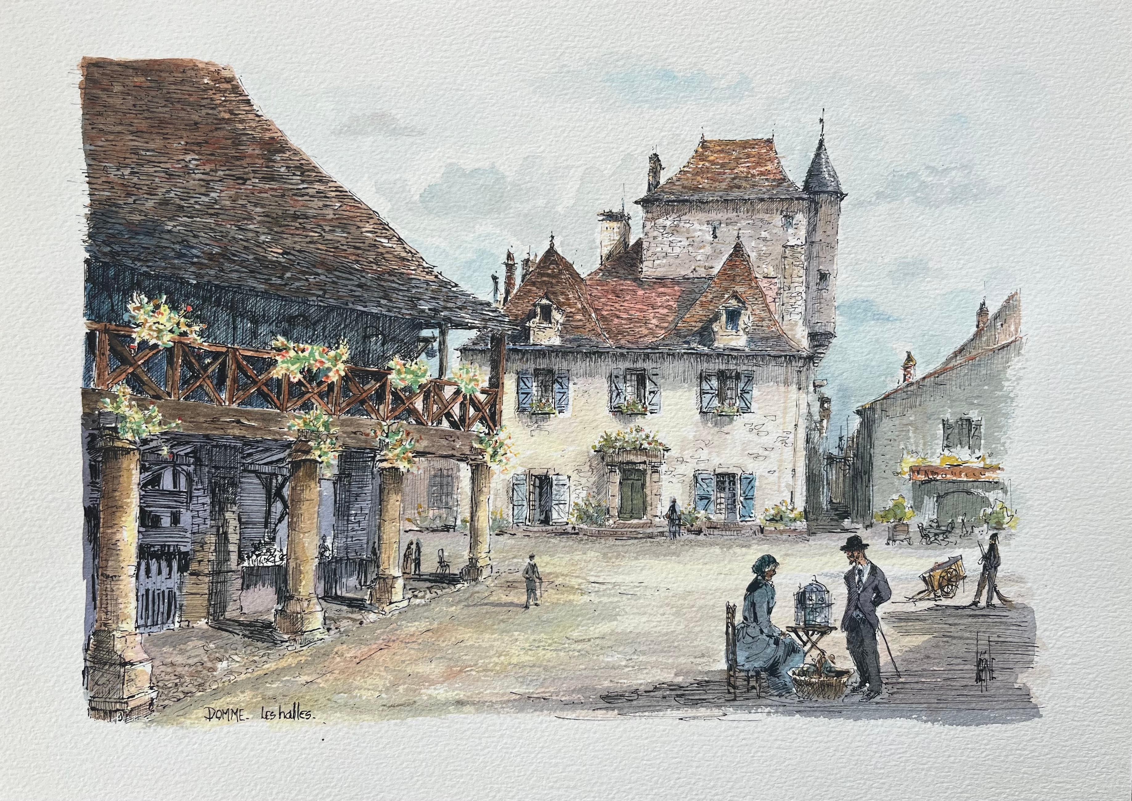 Französisches Aquarellgemälde von Les Halles in Domme, Domme
