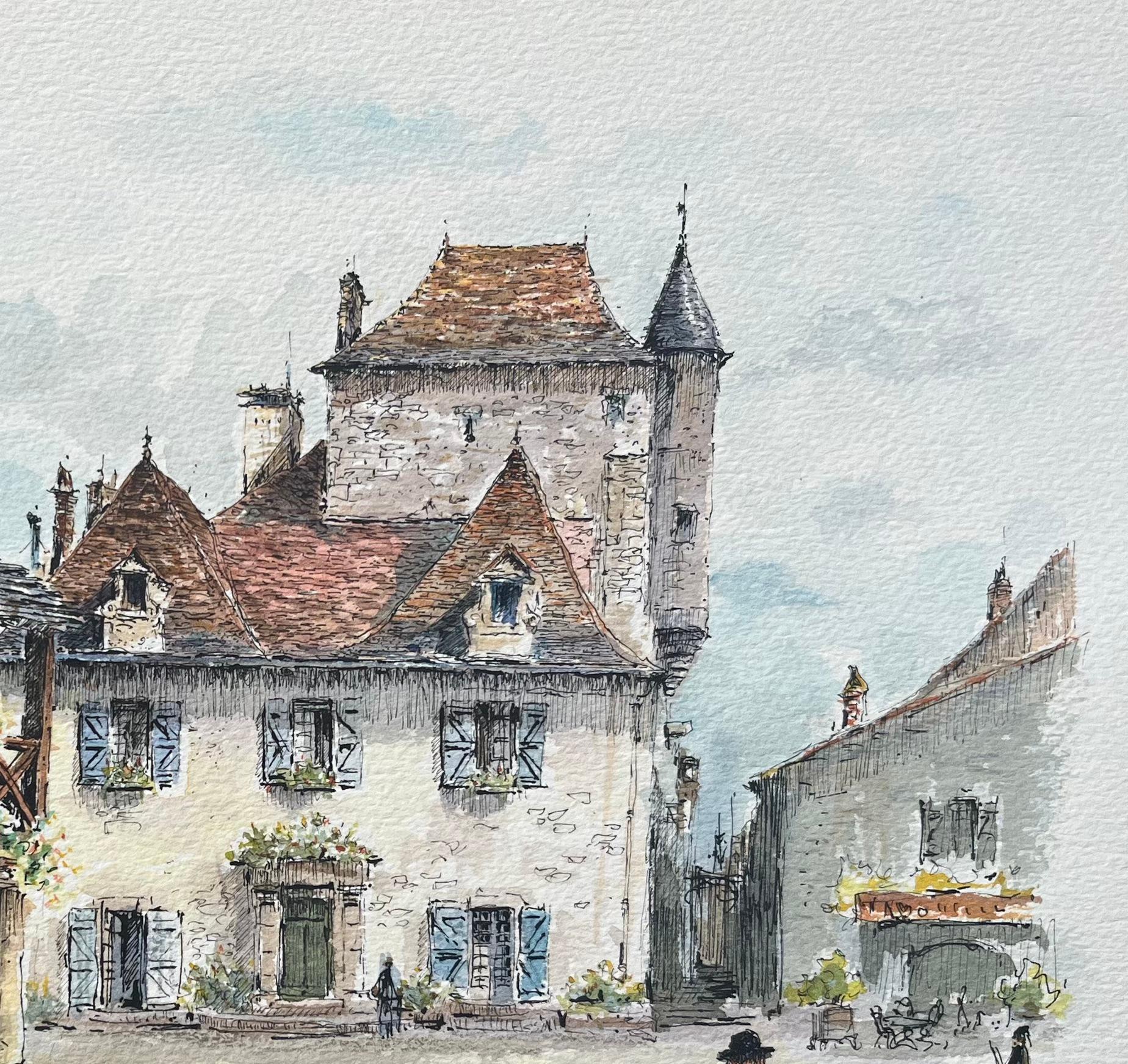 Aquarelle française des Halles à Domme - Gris Landscape Painting par Robert Lepine (1929 - 2017)