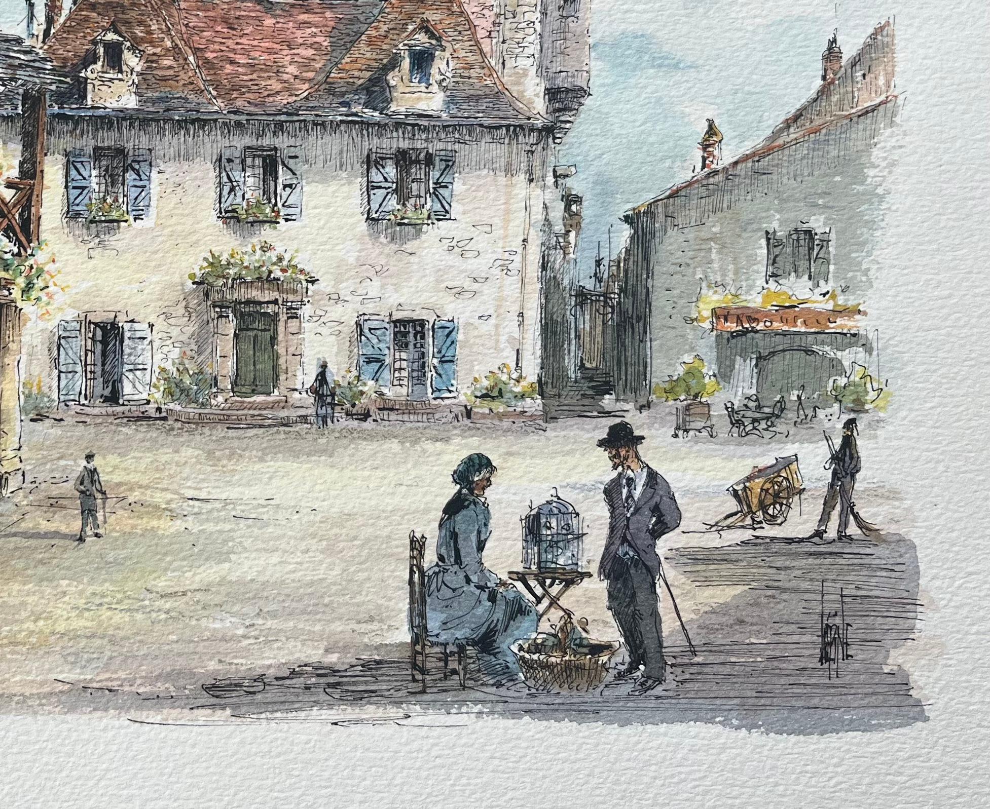 Aquarelle française des Halles à Domme - École française Painting par Robert Lepine (1929 - 2017)