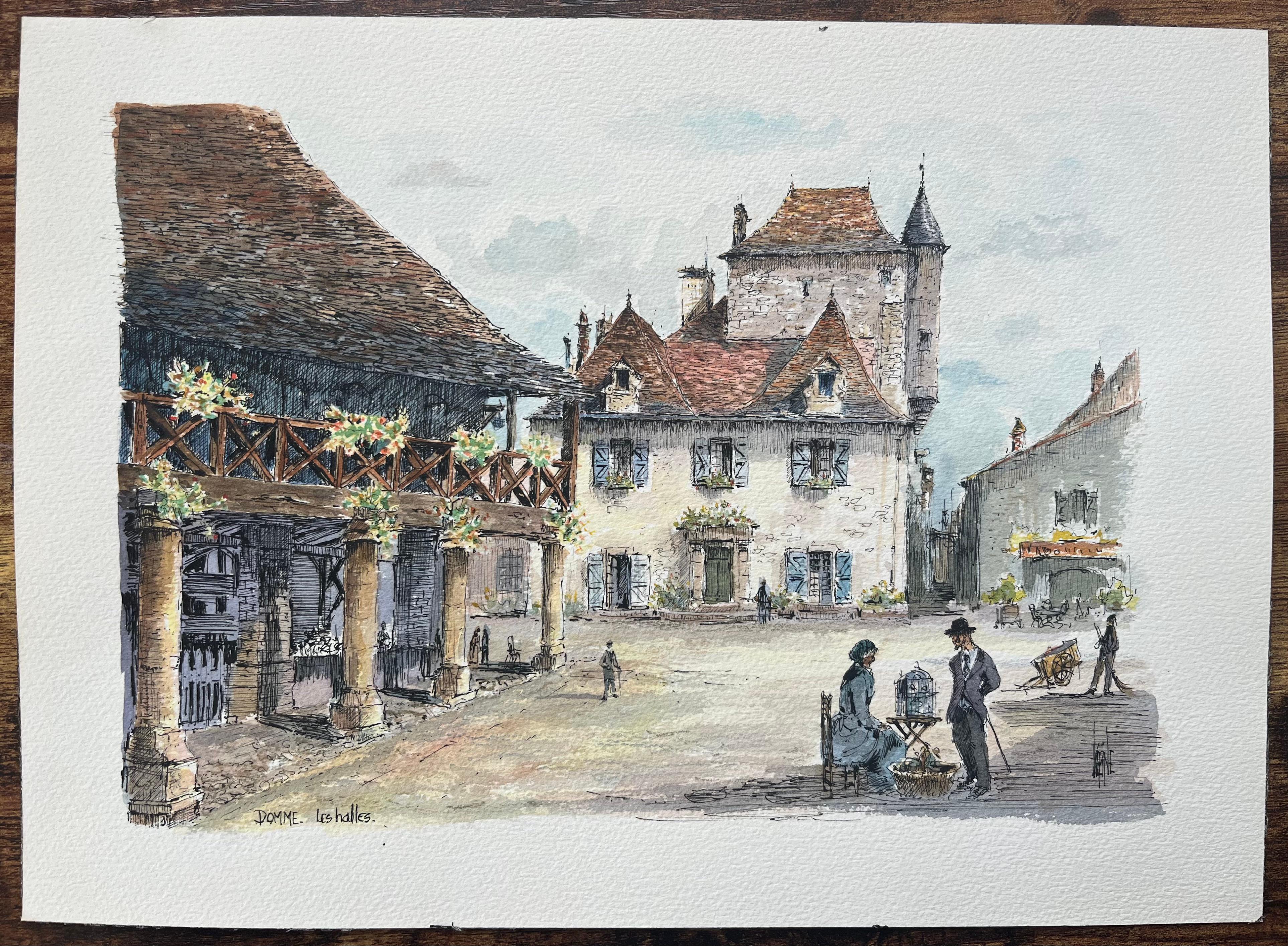 Aquarelle française des Halles à Domme - Painting de Robert Lepine (1929 - 2017)