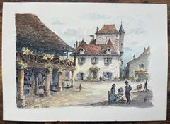 French Watercolor Painting of “Les Halles” in Domme